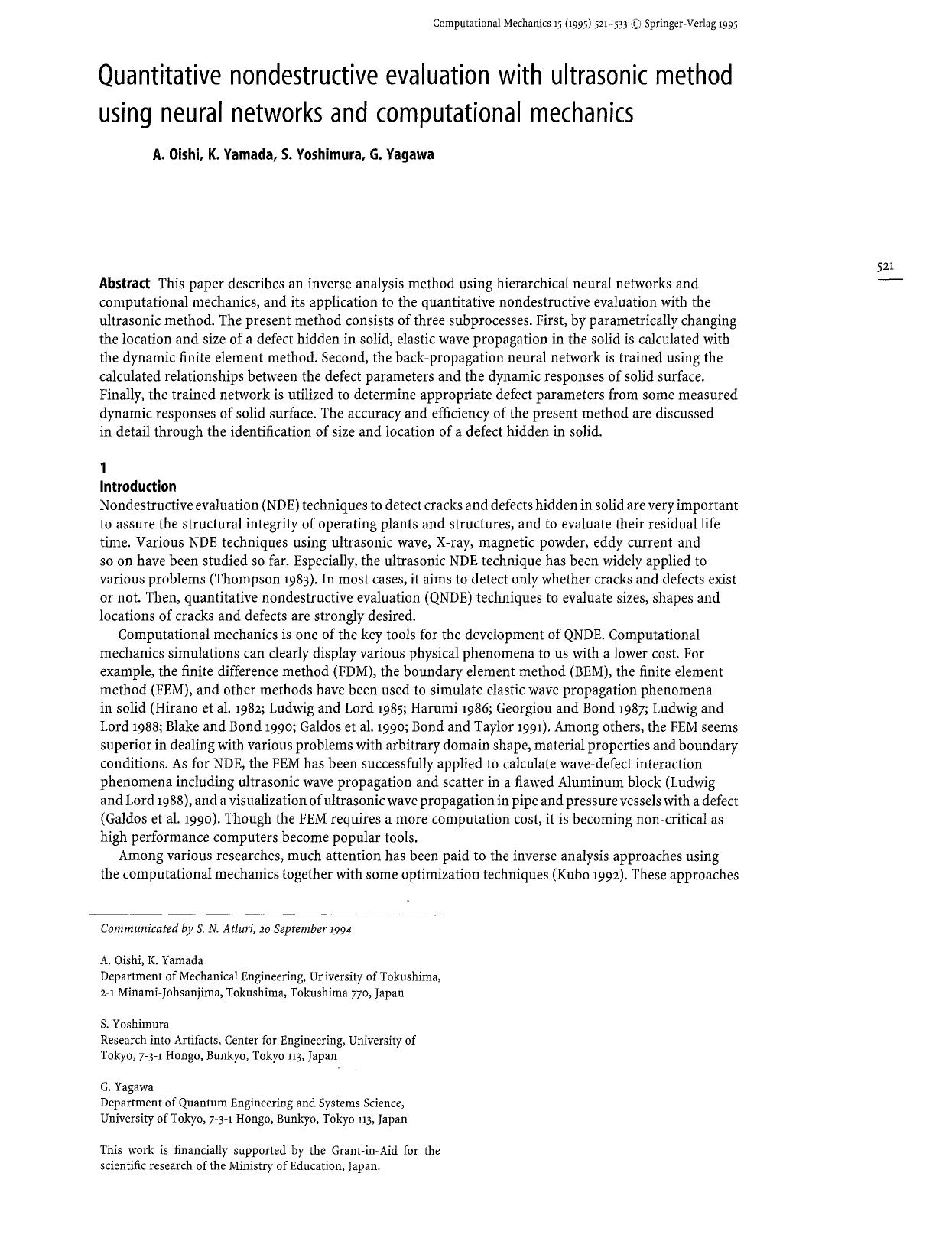 Quantitative nondestructive evaluation with ultrasonic method using neural networks and computational mechanics by Unknown