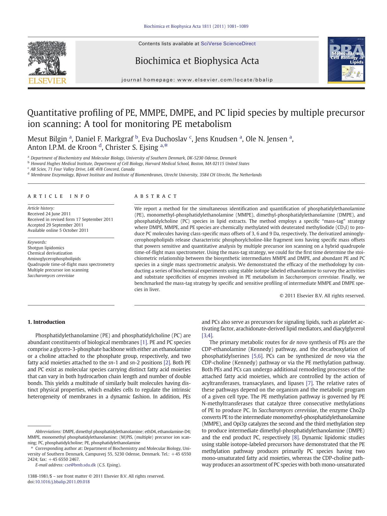 Quantitative profiling of PE, MMPE, DMPE, and PC lipid species by multiple precursor ion scanning: A tool for monitoring PE metabolism by unknow