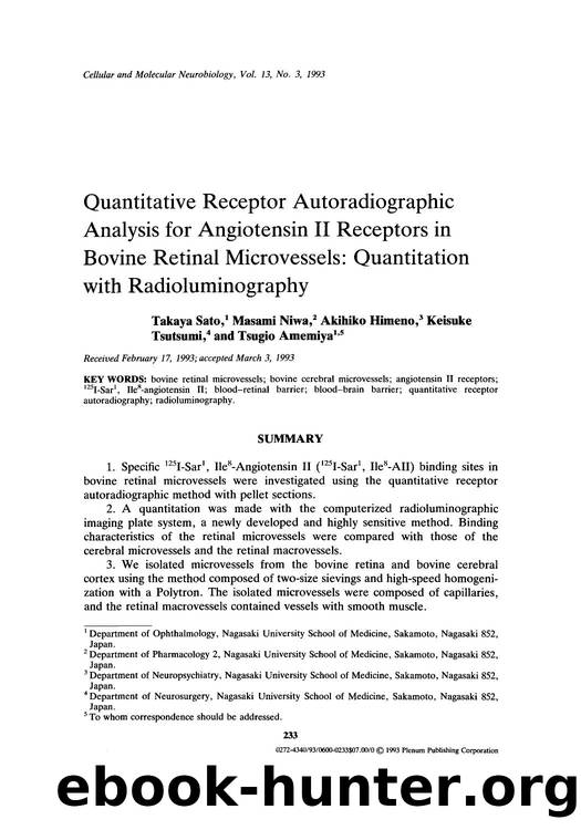 Quantitative receptor autoradiographic analysis for angiotensin II receptors in bovine retinal microvessels: quantitation with radioluminography by Unknown