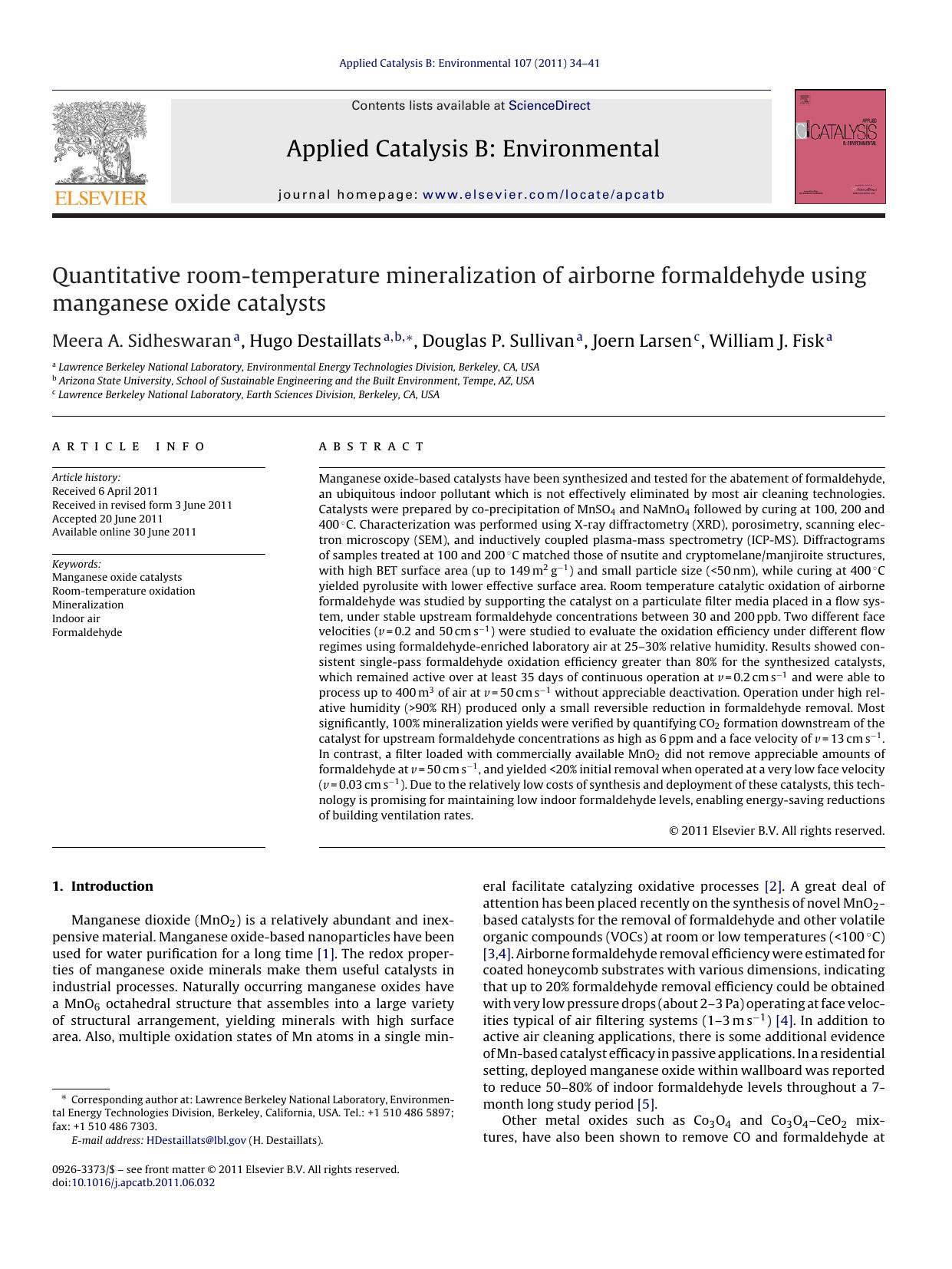 Quantitative room-temperature mineralization of airborne formaldehyde using manganese oxide catalysts by Meera A. Sidheswaran
