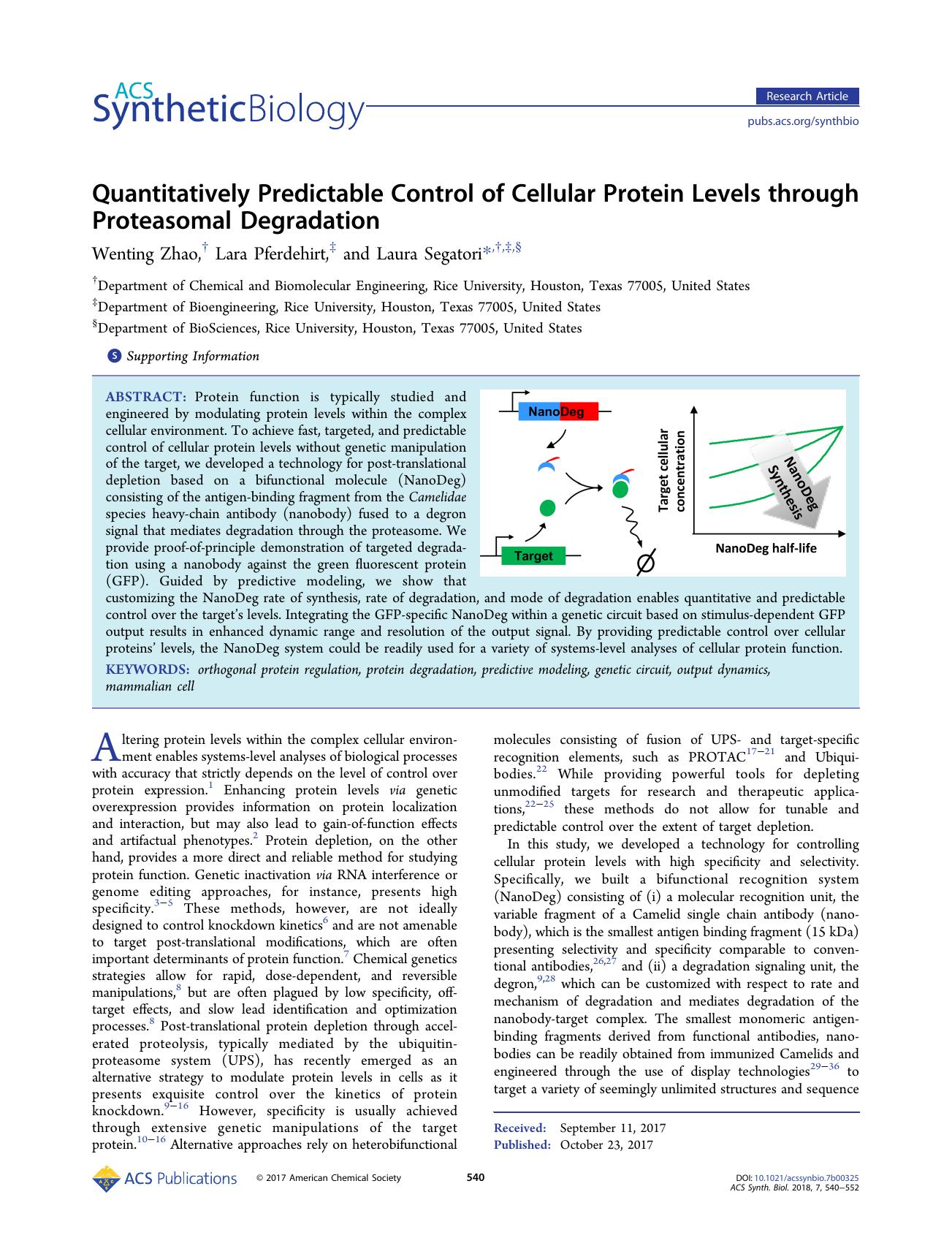 Quantitatively Predictable Control of Cellular Protein Levels through Proteasomal Degradation by Wenting Zhao Lara Pferdehirt and Laura Segatori