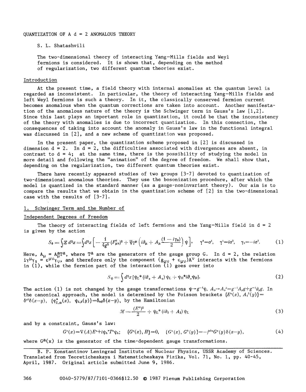 Quantization of a d=2 anomalous theory by Unknown