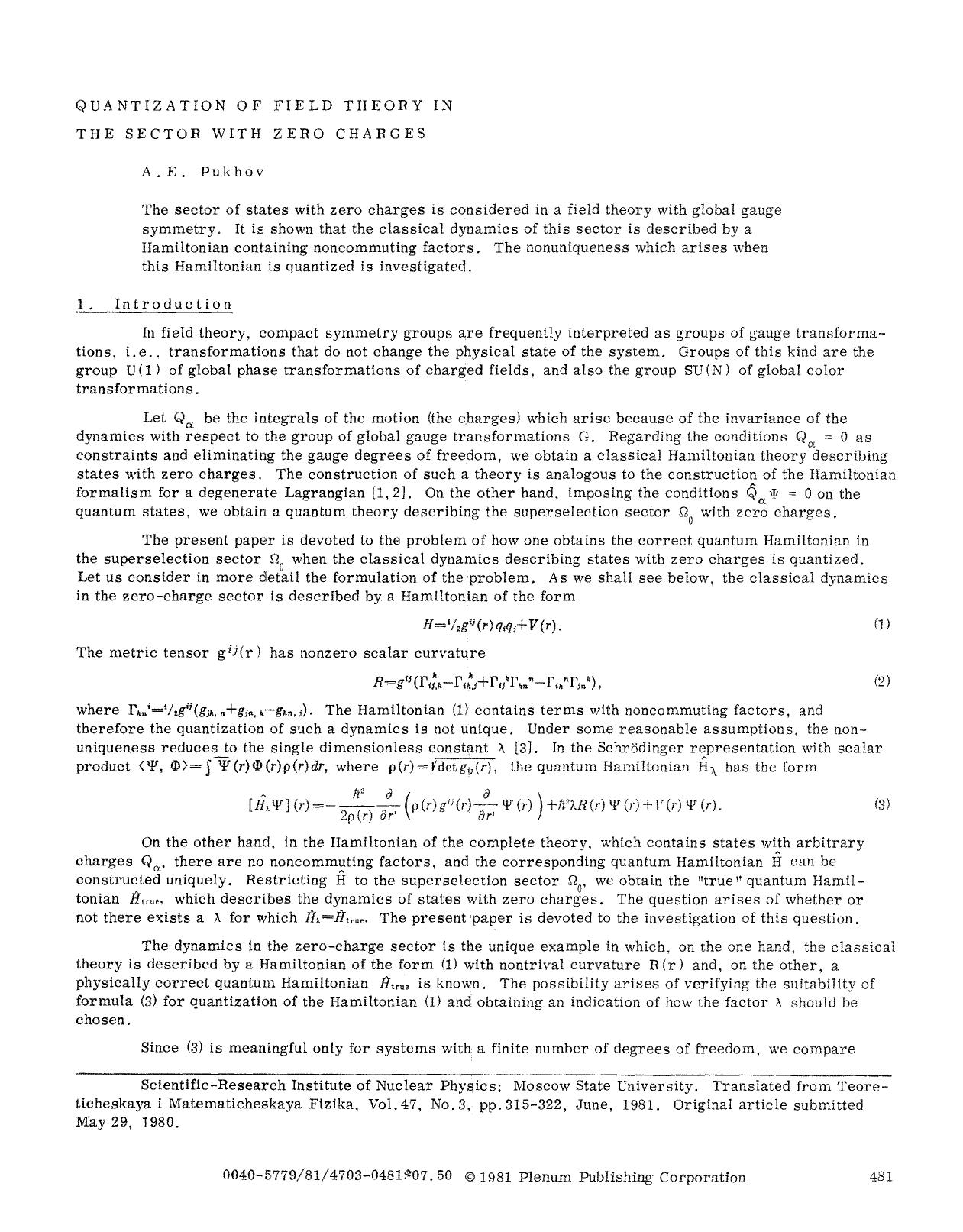 Quantization of field theory in the sector with zero charges by Unknown