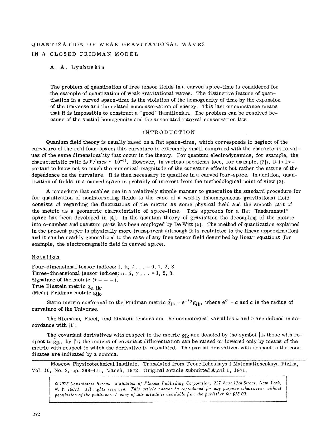 Quantization of weak gravitational waves in a closed Fridman model by Unknown