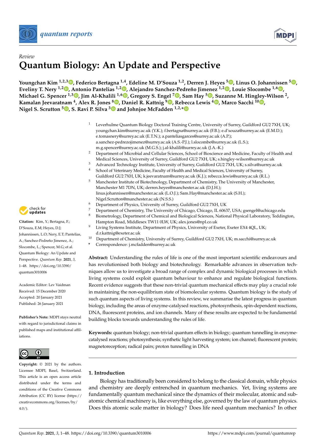 Quantum Biology: An Update and Perspective by unknow