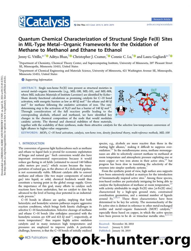 Quantum Chemical Characterization of Structural Single Fe(II) Sites in MIL-Type MetalâOrganic Frameworks for the Oxidation of Methane to Methanol and Ethane to Ethanol by Jenny G. Vitillo Aditya Bhan Christopher J. Cramer Connie C. Lu & Laura Gagliardi
