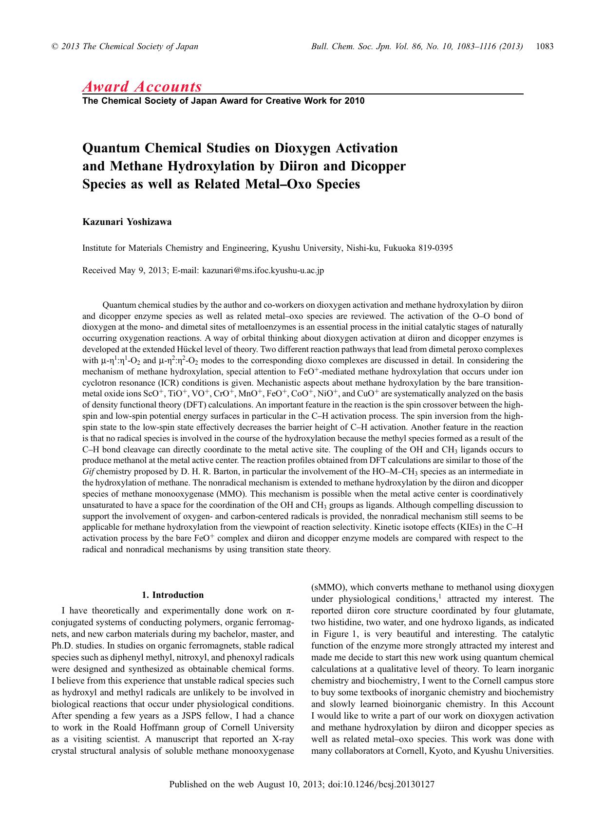 Quantum Chemical Studies on Dioxygen Activation and Methane Hydroxylation by Diiron and Dicopper Species as well as Related Metal–Oxo Species by Kazunari Yoshizawa