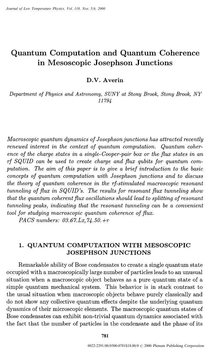 Quantum Computation and Quantum Coherence in Mesoscopic Josephson Junctions by Unknown