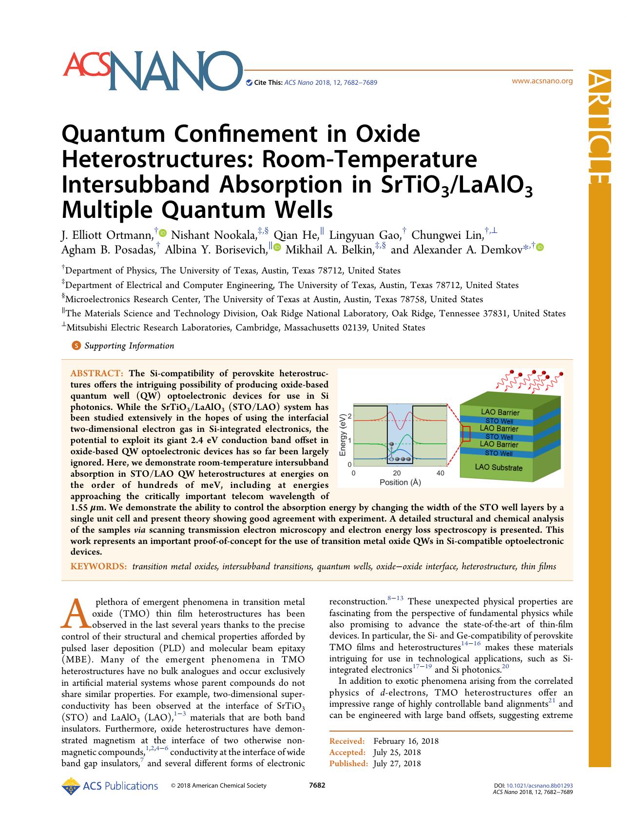 Quantum Confinement in Oxide Heterostructures: Room-Temperature Intersubband Absorption in SrTiO3LaAlO3 Multiple Quantum Wells by unknow