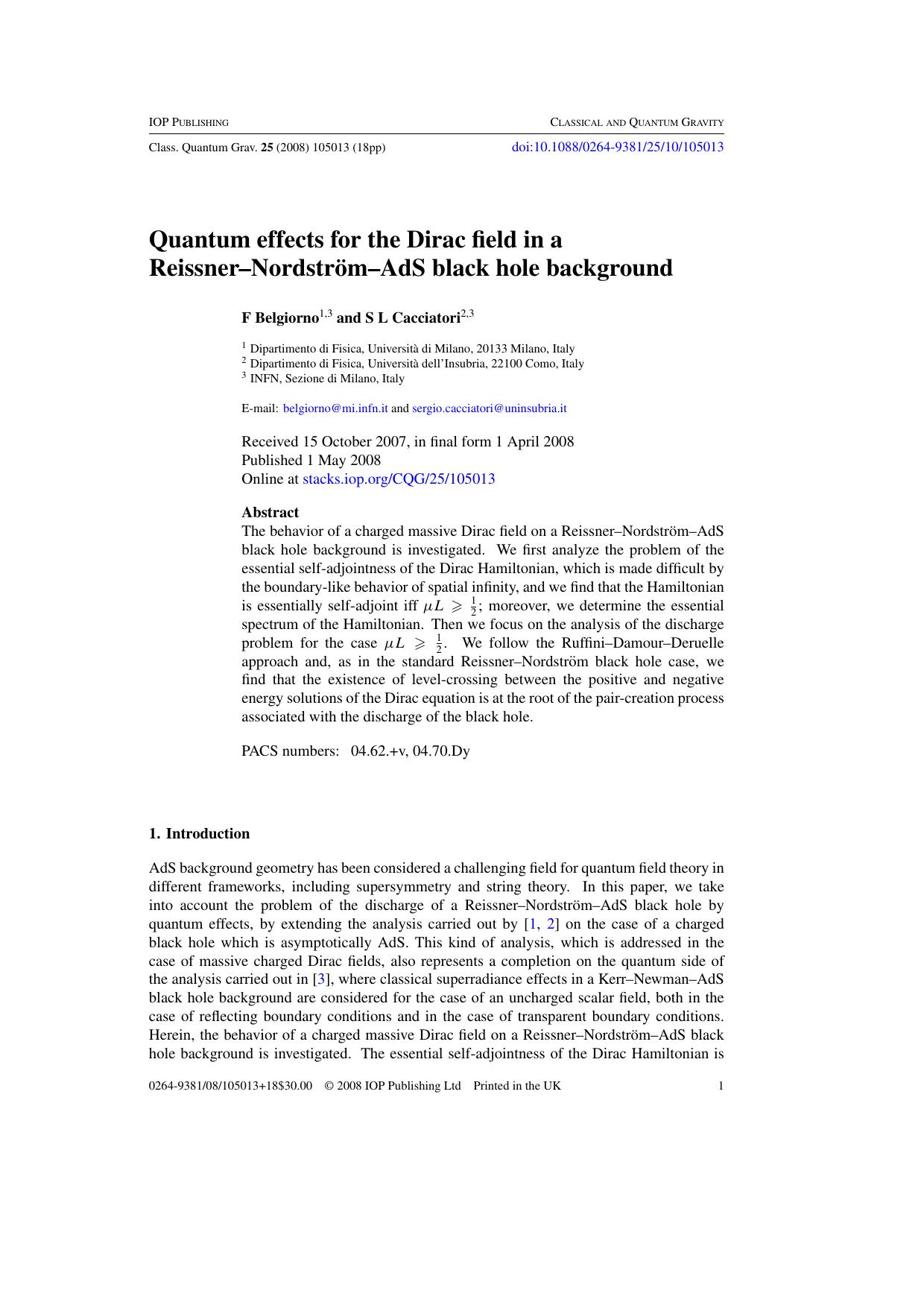 Quantum Dirac Field in a Reissner--NordstrÃ¶m--AdS Black Hole Background by F Belgiorno and S L Cacciatori