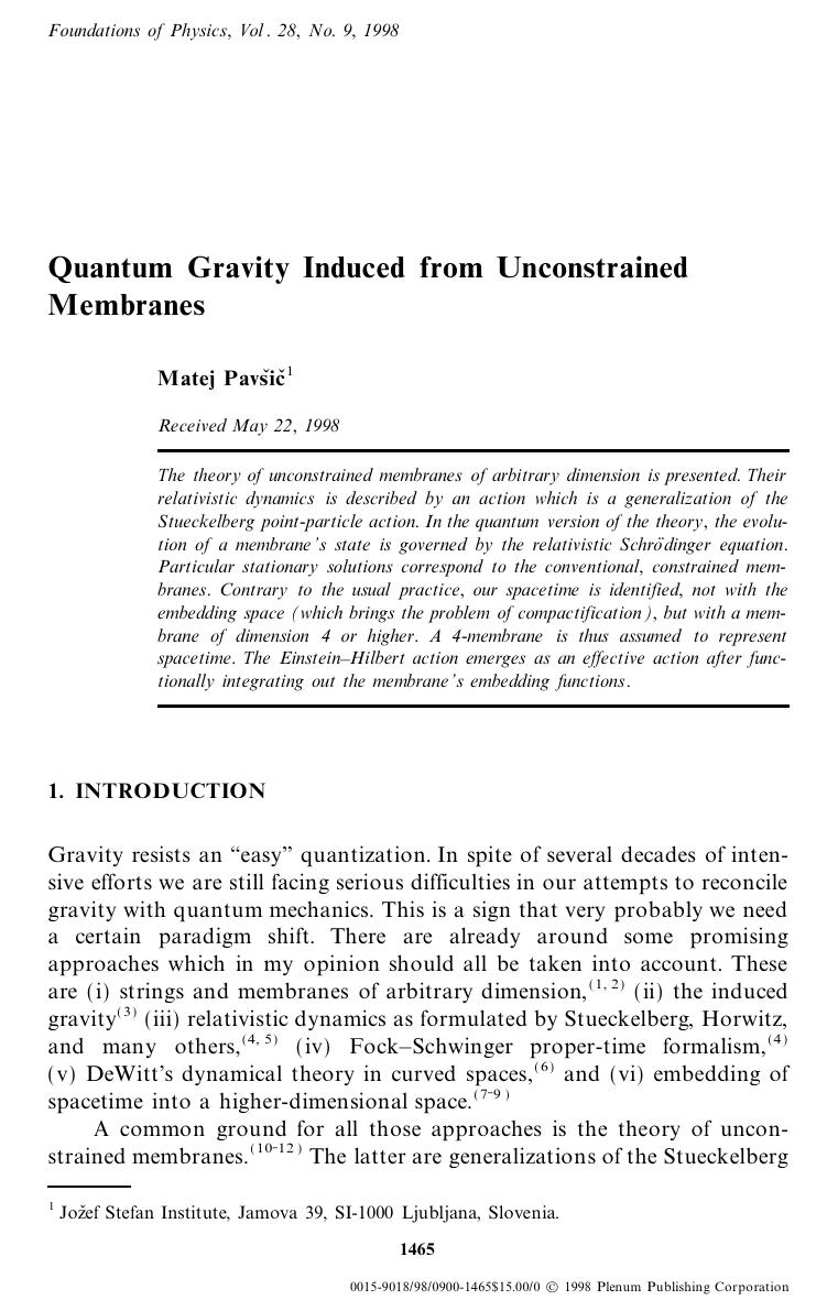 Quantum Gravity Induced from Unconstrained Membranes by Unknown