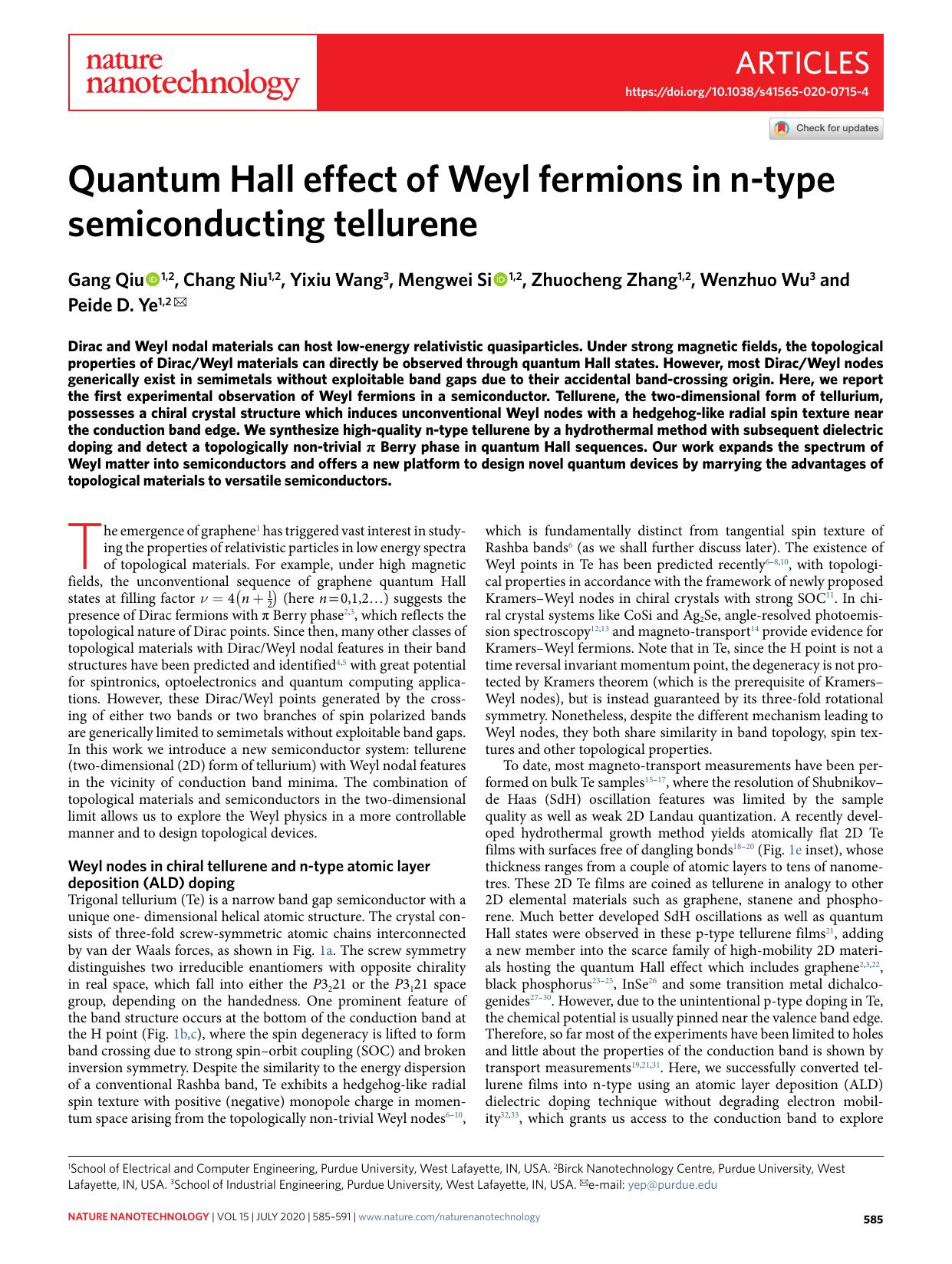 Quantum Hall effect of Weyl fermions in n-type semiconducting tellurene by Gang Qiu & Chang Niu & Yixiu Wang & Mengwei Si & Zhuocheng Zhang & Wenzhuo Wu & Peide D. Ye
