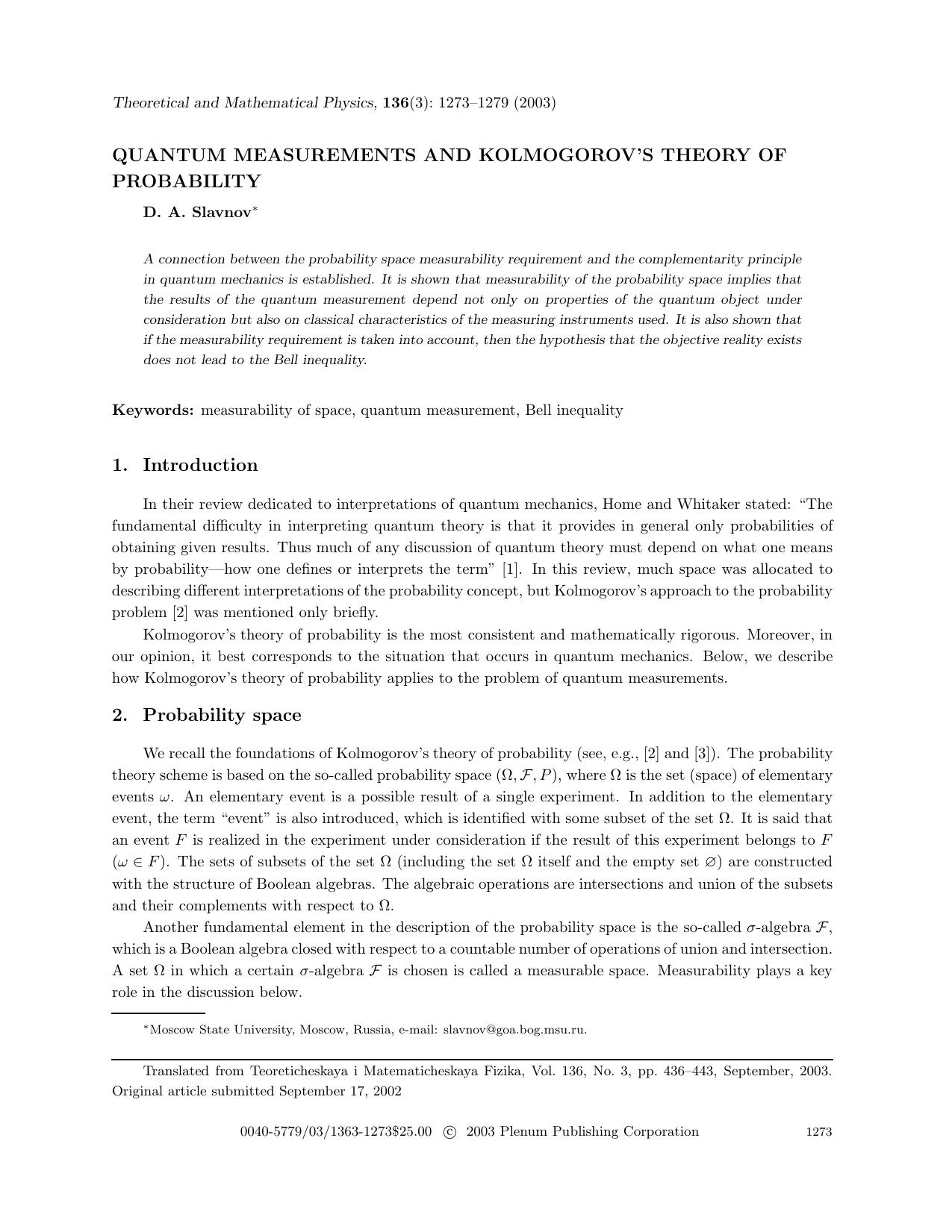 Quantum Measurements and Kolmogorov's Theory of Probability by Unknown