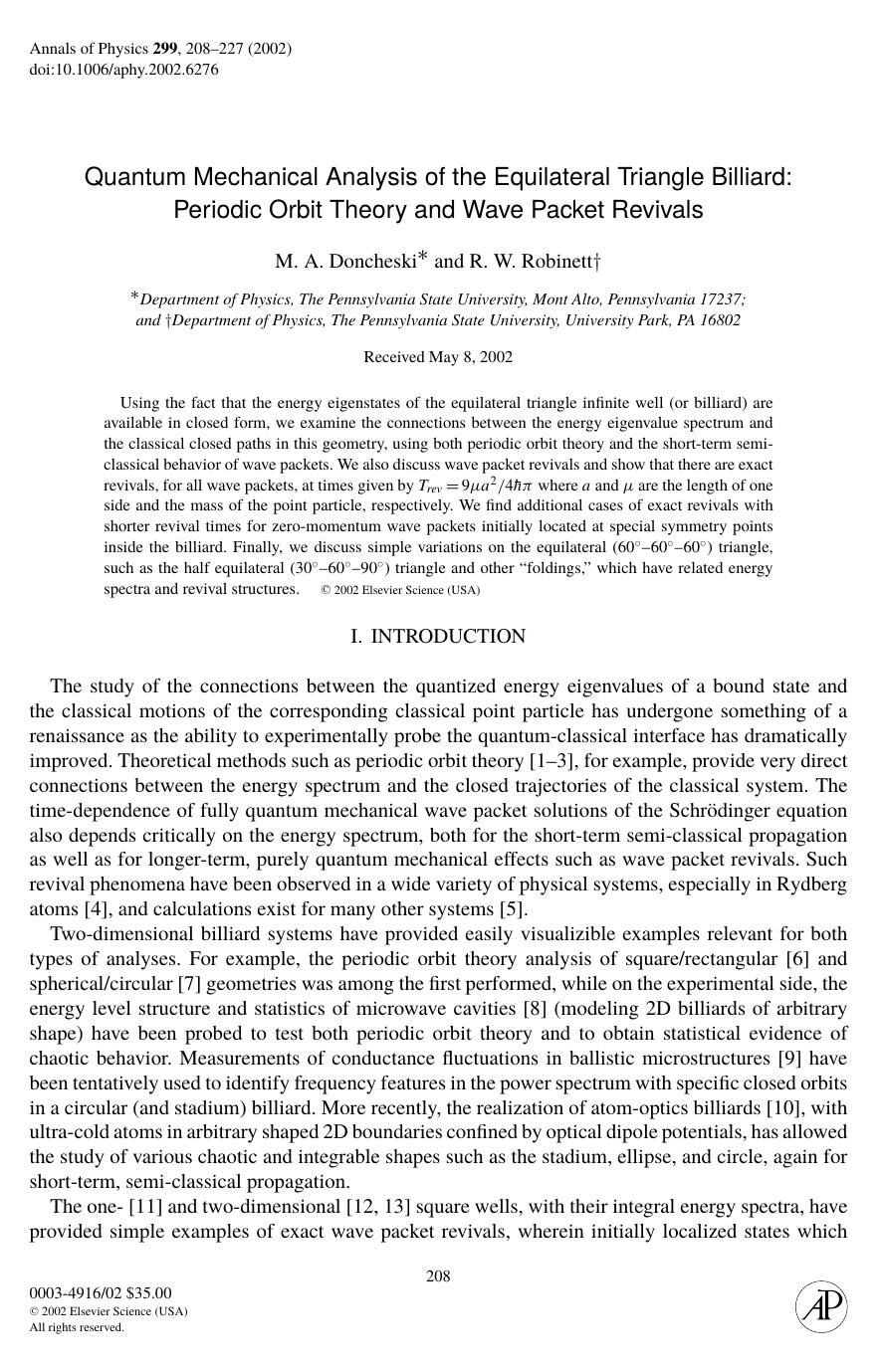 Quantum Mechanical Analysis of the Equilateral Triangle Billiard:Periodic Orbit Theory and Wave Packet Revivals by Doncheski M. A. et al
