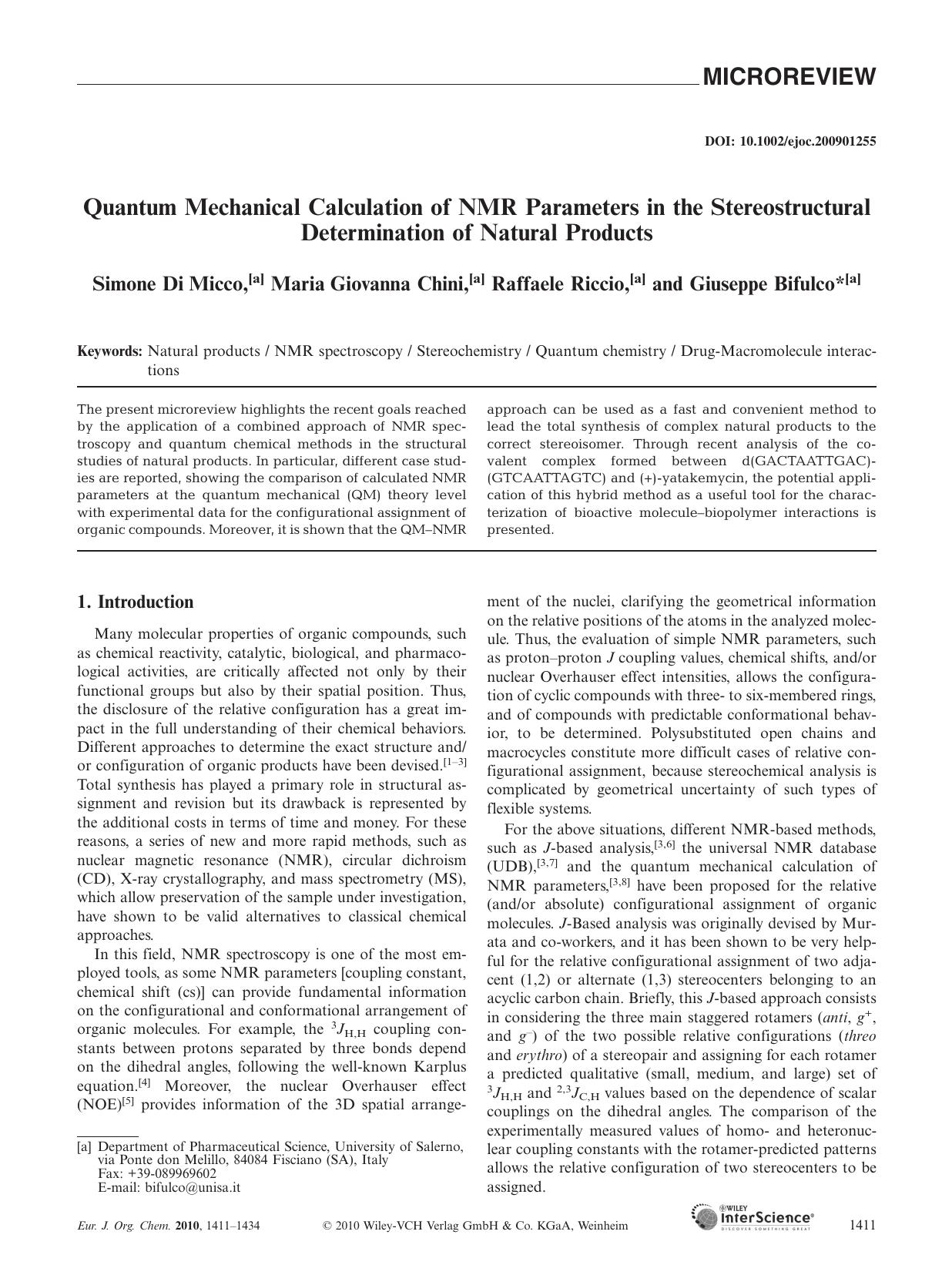 Quantum Mechanical Calculation of NMR Parameters in the Stereostructural Determination of Natural Products by Unknown
