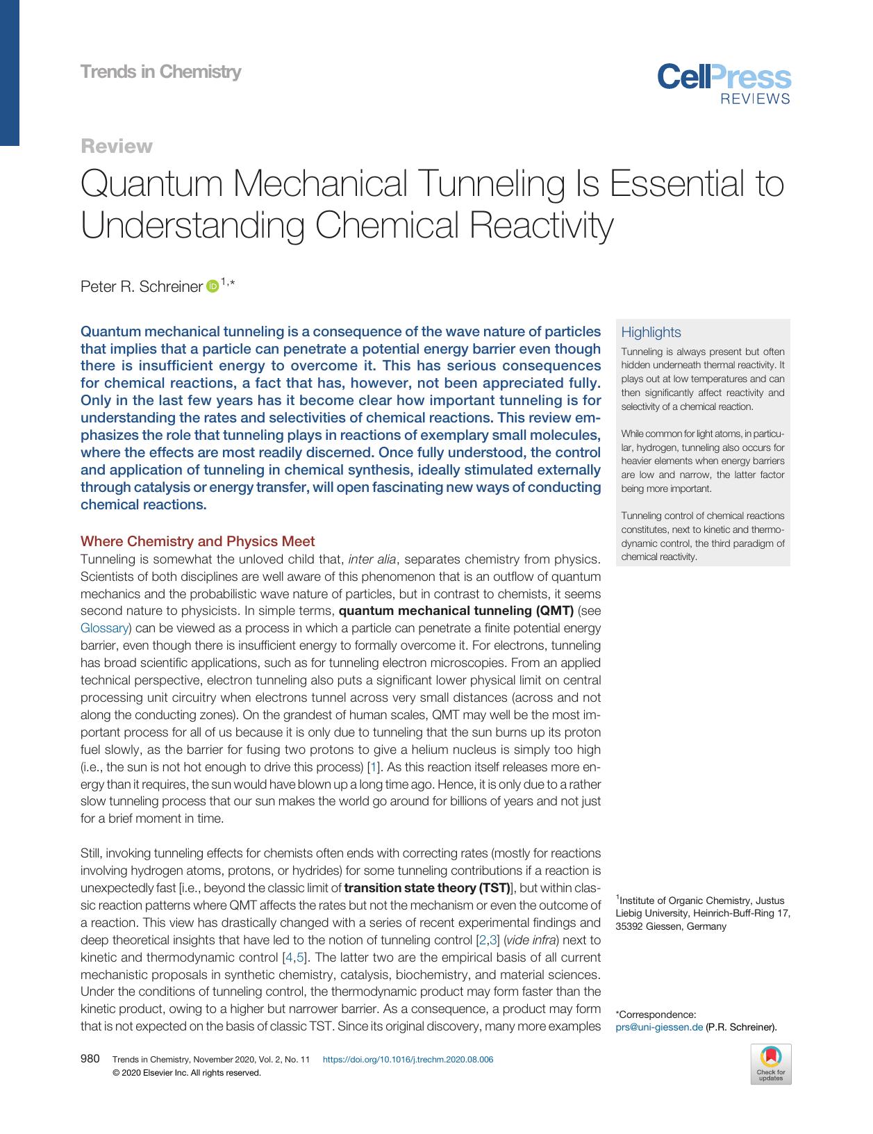 Quantum Mechanical Tunneling Is Essential to Understanding Chemical Reactivity by Peter R. Schreiner