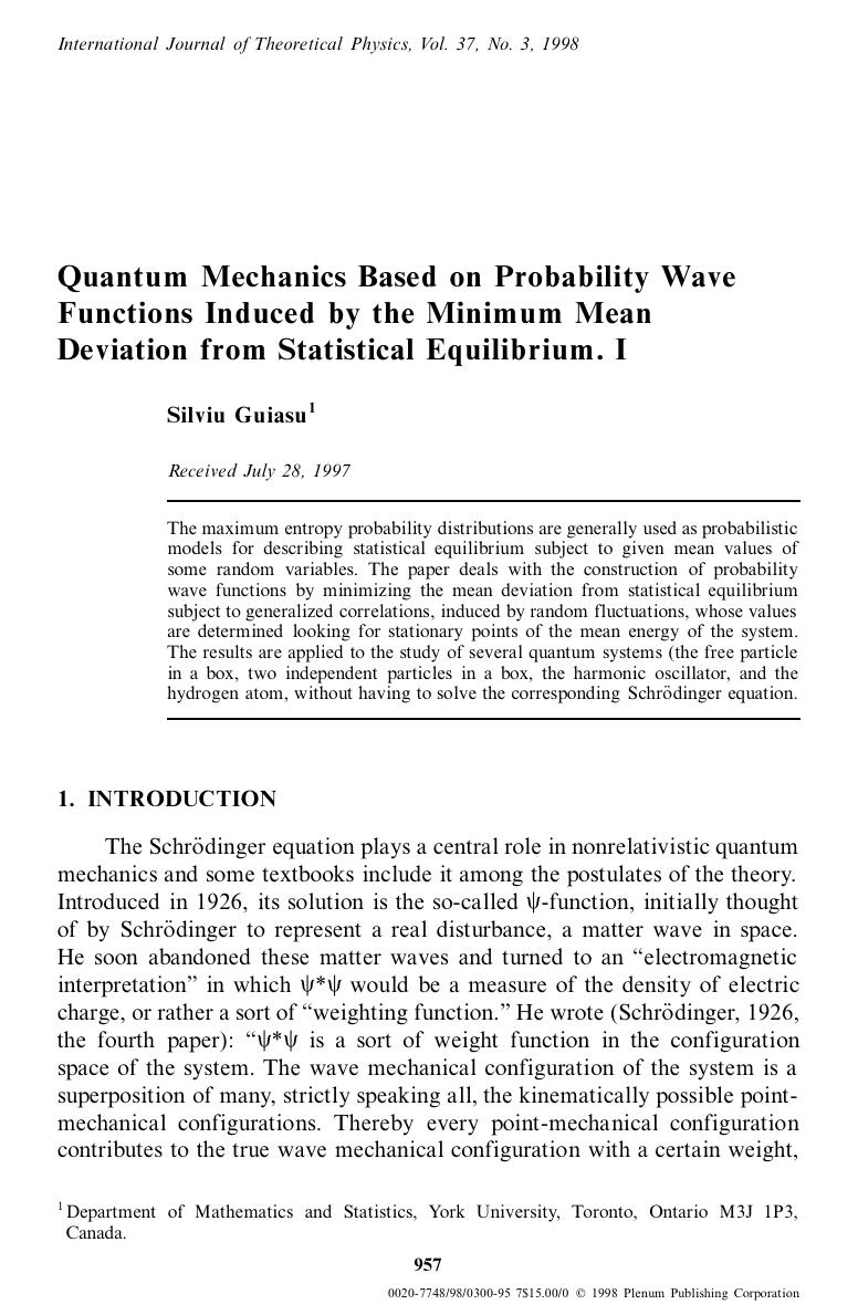 Quantum Mechanics Based on Probability Wave Functions Induced by the Minimum Mean Deviation from Statistical Equilibrium. I by Unknown