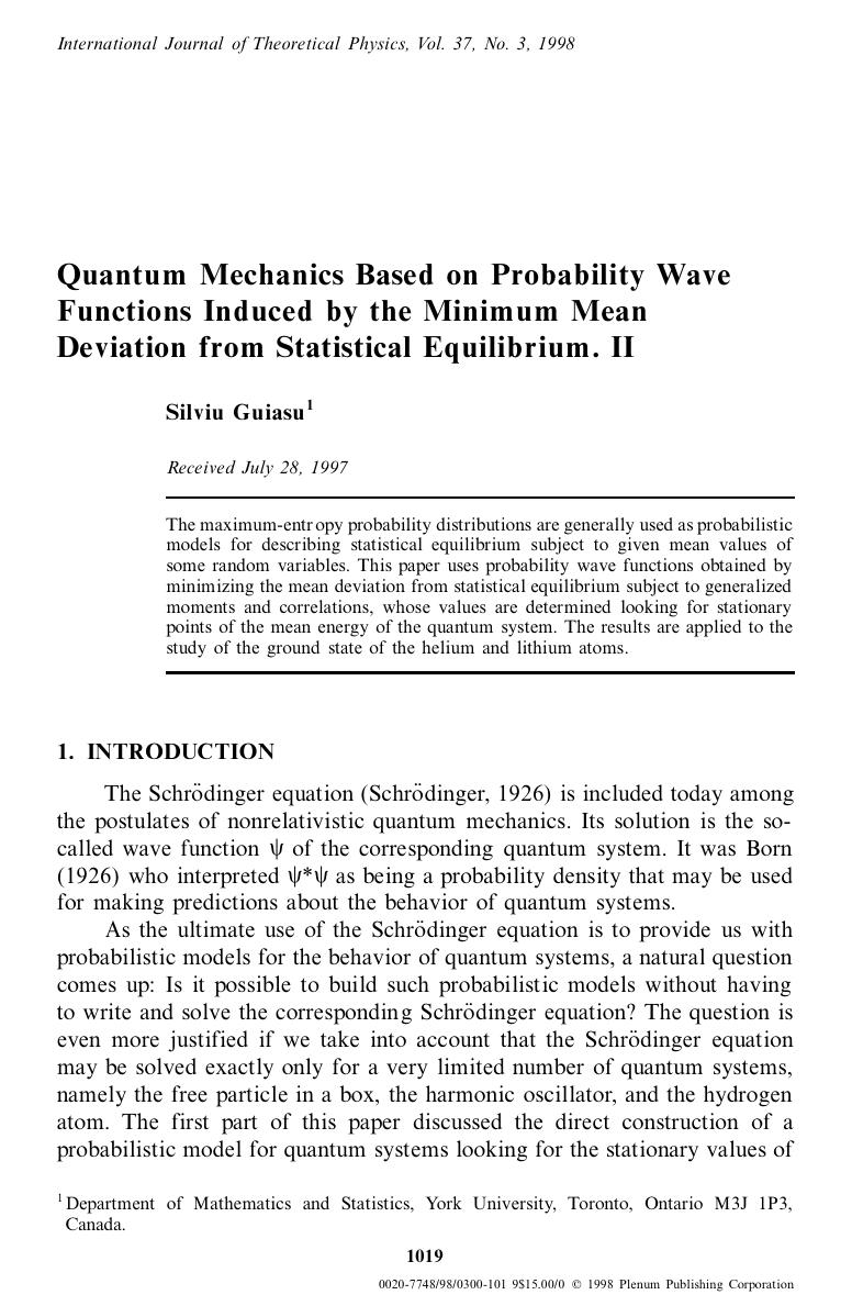 Quantum Mechanics Based on Probability Wave Functions Induced by the Minimum Mean Deviation from Statistical Equilibrium. II by Unknown