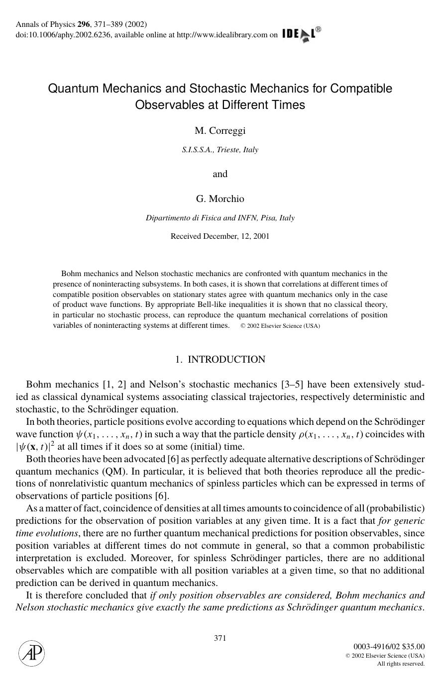 Quantum Mechanics and Stochastic Mechanics for CompatibleObservables at Different Times by Correggi M. et al
