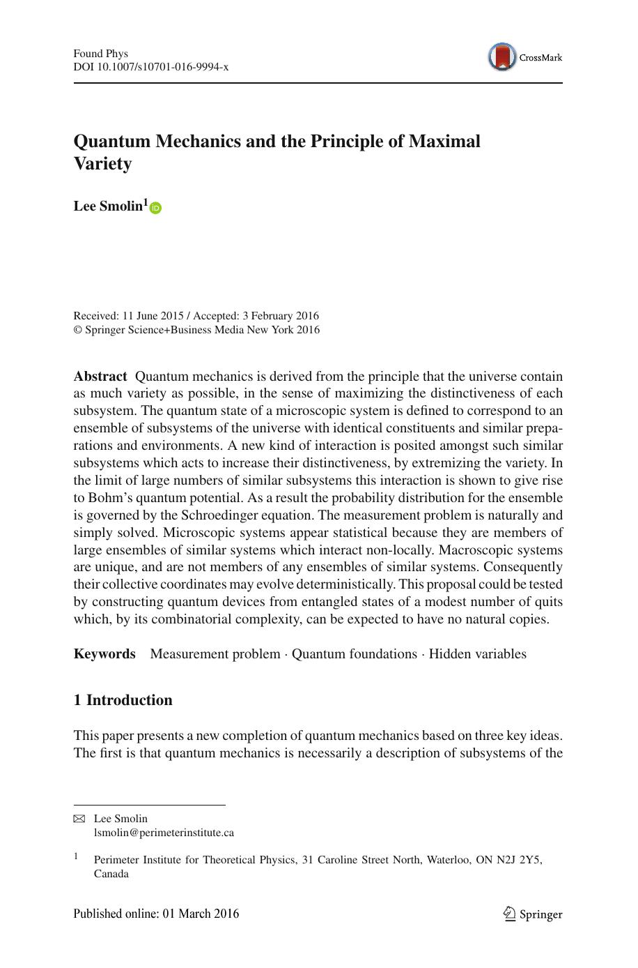 Quantum Mechanics and the Principle of Maximal Variety by Lee Smolin