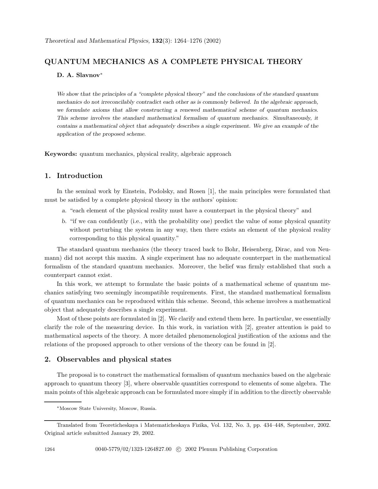 Quantum Mechanics as a Complete Physical Theory by Unknown