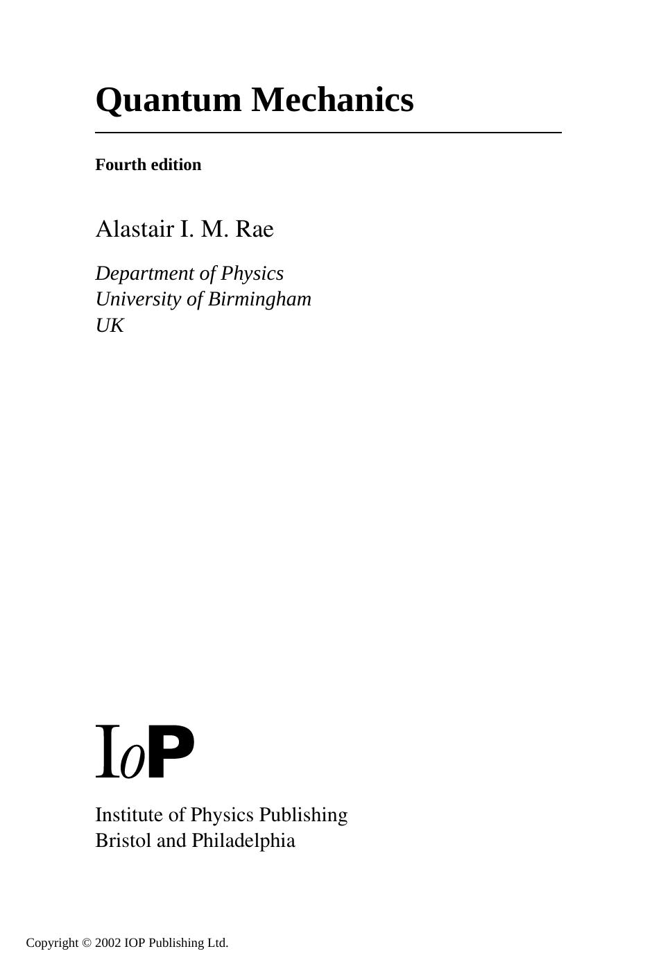 Quantum Mechanics by Alastair I. M. Rae
