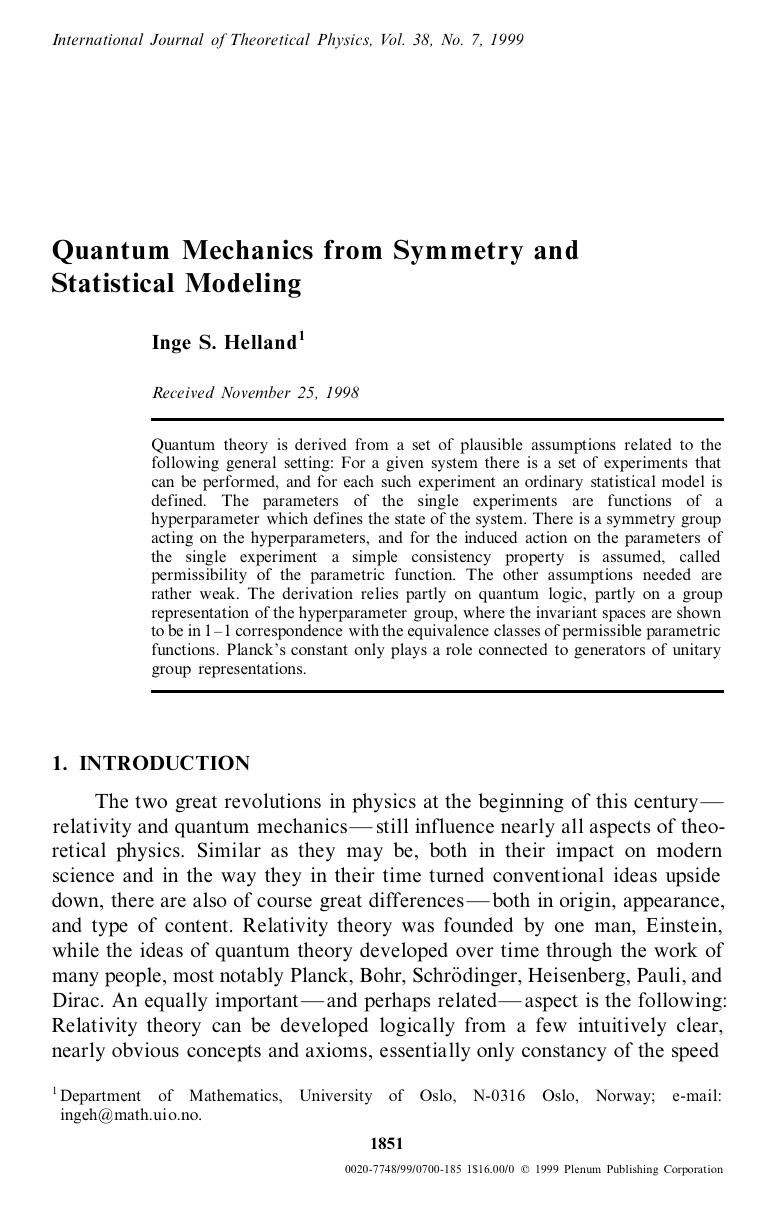 Quantum Mechanics from Symmetry and Statistical Modeling by Unknown