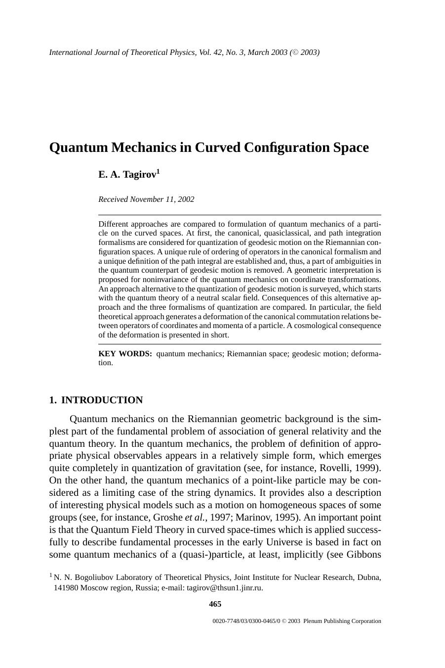 Quantum Mechanics in Curved Configuration Space by Unknown