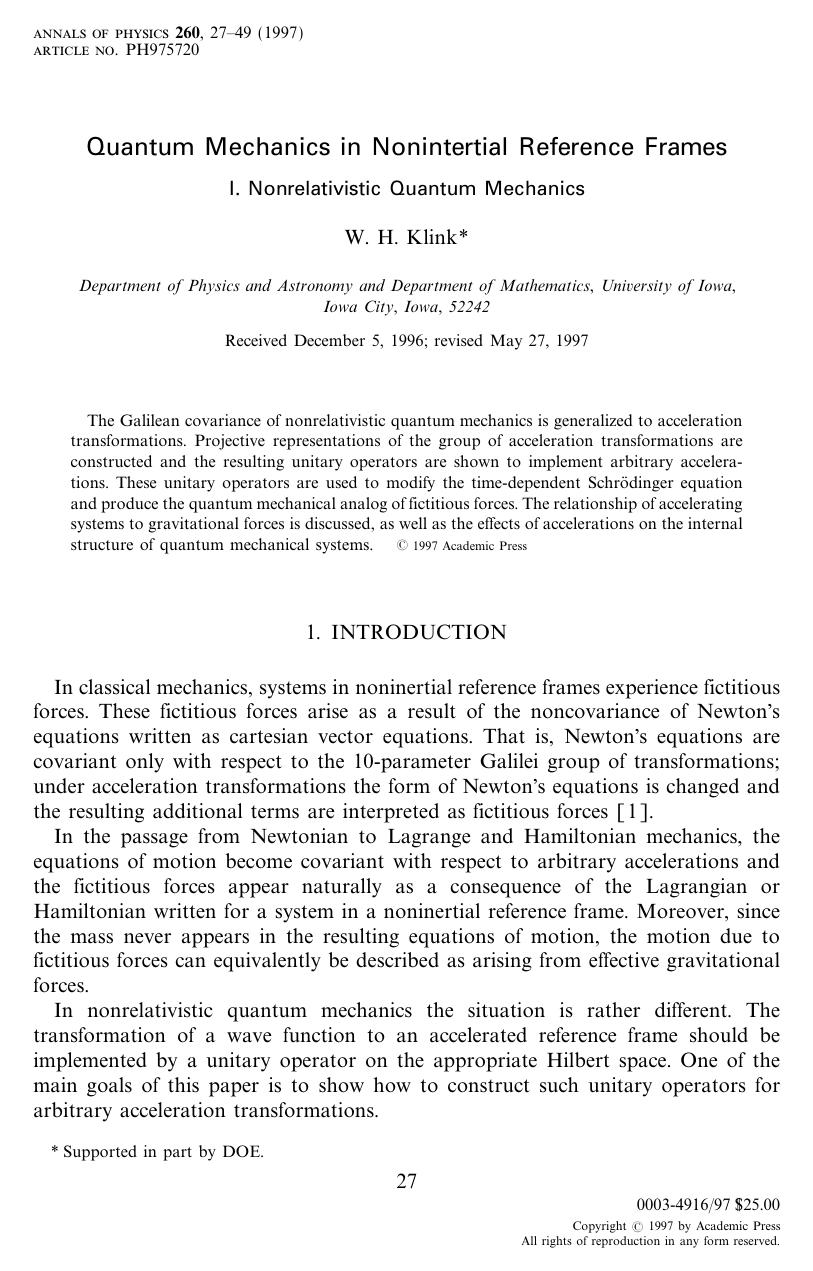 Quantum Mechanics in Nonintertial Reference Frames by Klink W. H