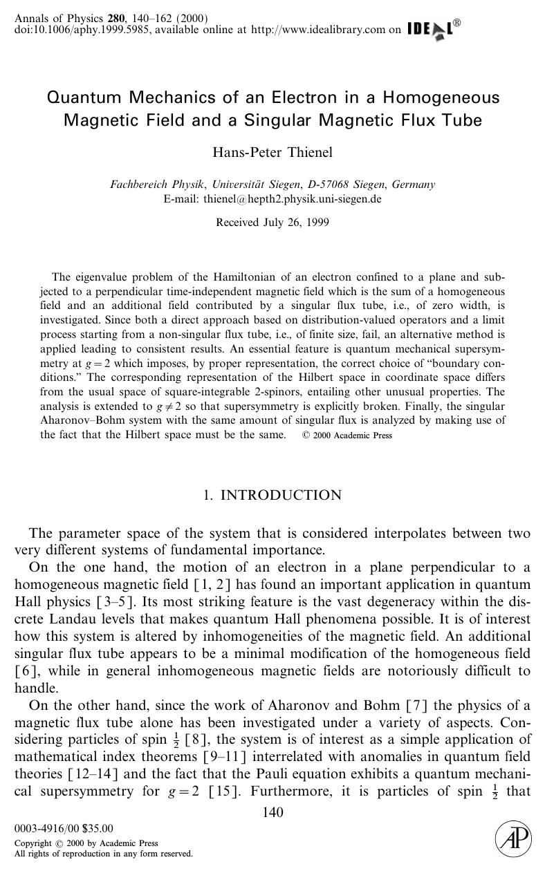 Quantum Mechanics of an Electron in Homogeneous Magnetic Field and a Singular Magnetic Flux Tube by Thienel H.- P