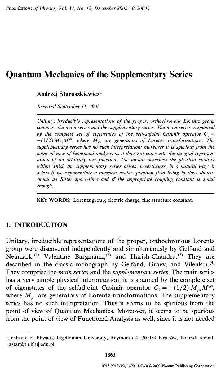Quantum Mechanics of the Supplementary Series by Unknown