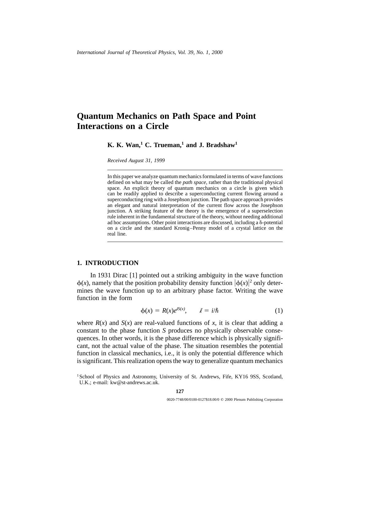 Quantum Mechanics on Path Space andPoint Interactions on a Circle by Unknown