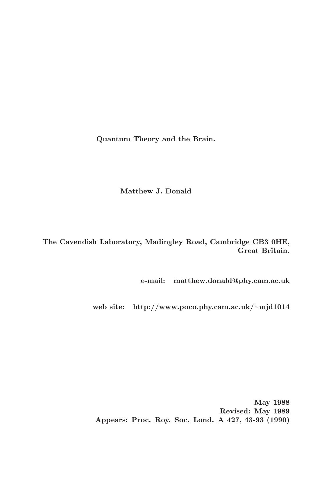 Quantum Theory and the Brain by Matthew J. Donald
