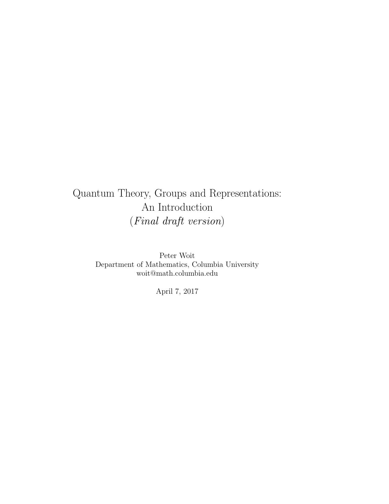 Quantum Theory, Groups and Representations-Woit (lnw Adam) by Unknown