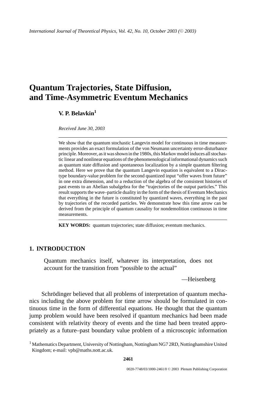 Quantum Trajectories, State Diffusion, and Time-Asymmetric Eventum Mechanics by Unknown