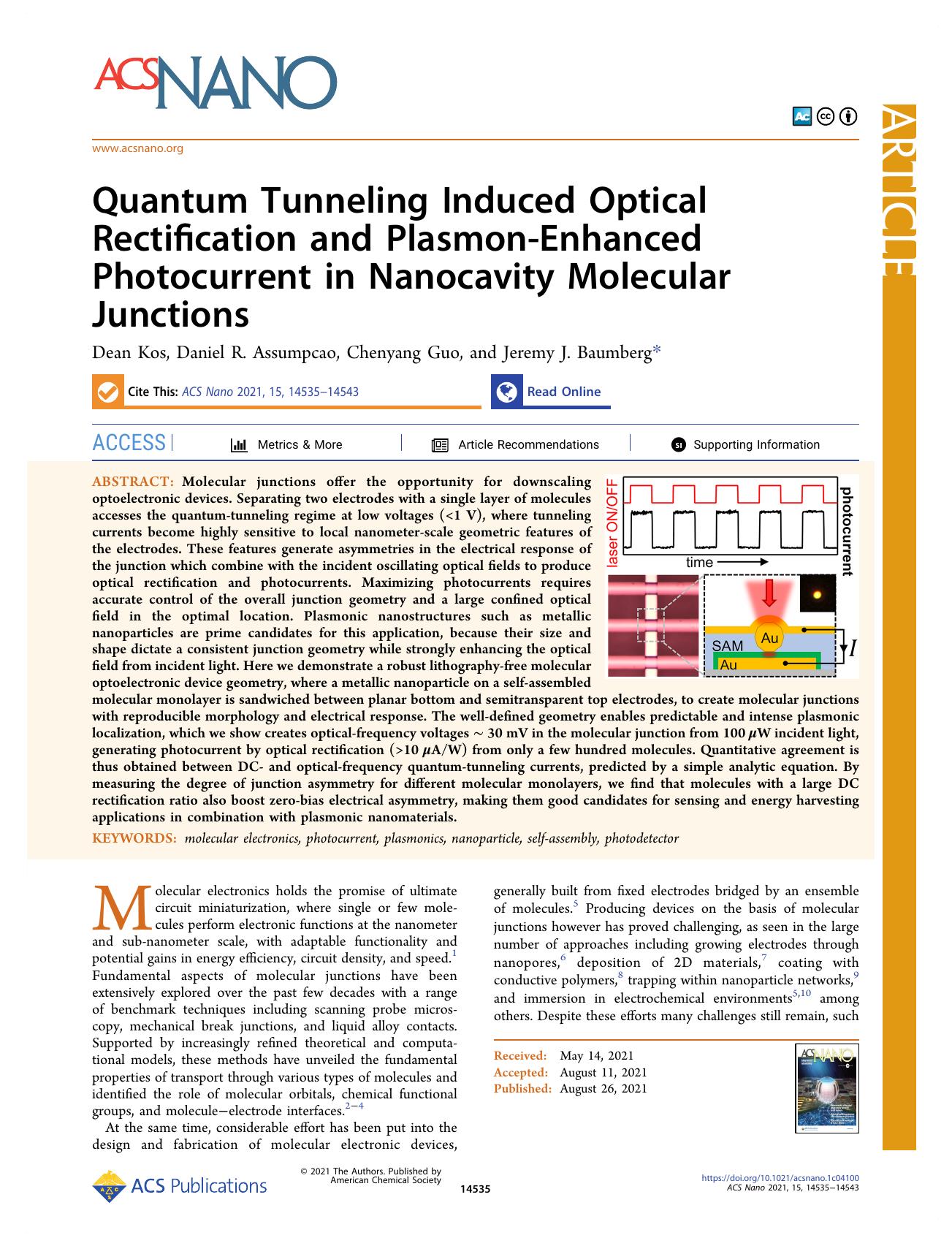 Quantum Tunneling Induced Optical Rectification and Plasmon-Enhanced Photocurrent in Nanocavity Molecular Junctions by Dean Kos Daniel R. Assumpcao Chenyang Guo and Jeremy J. Baumberg