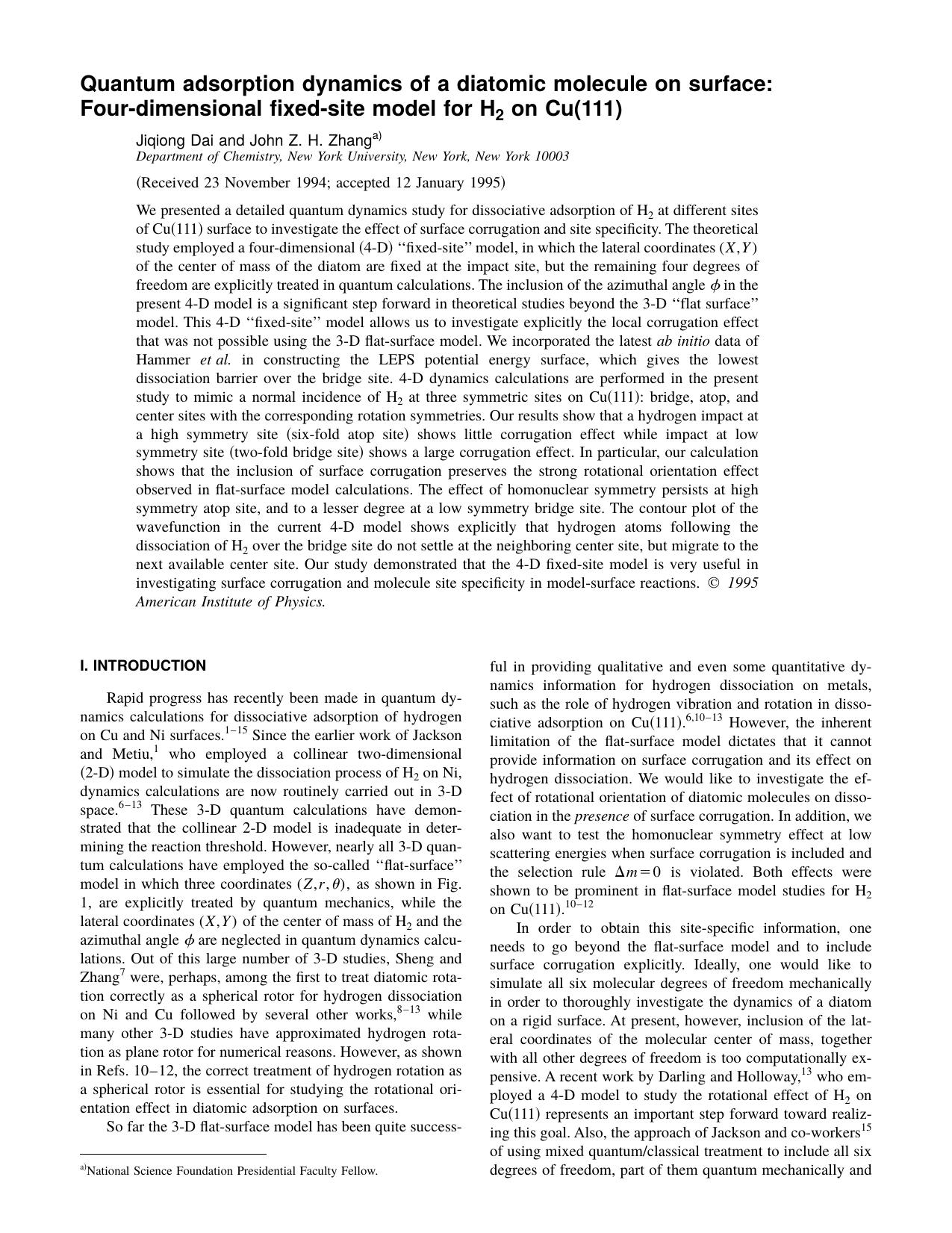 Quantum adsorption dynamics of a diatomic molecule by Jigiong Dai and John Z. H. Zhang