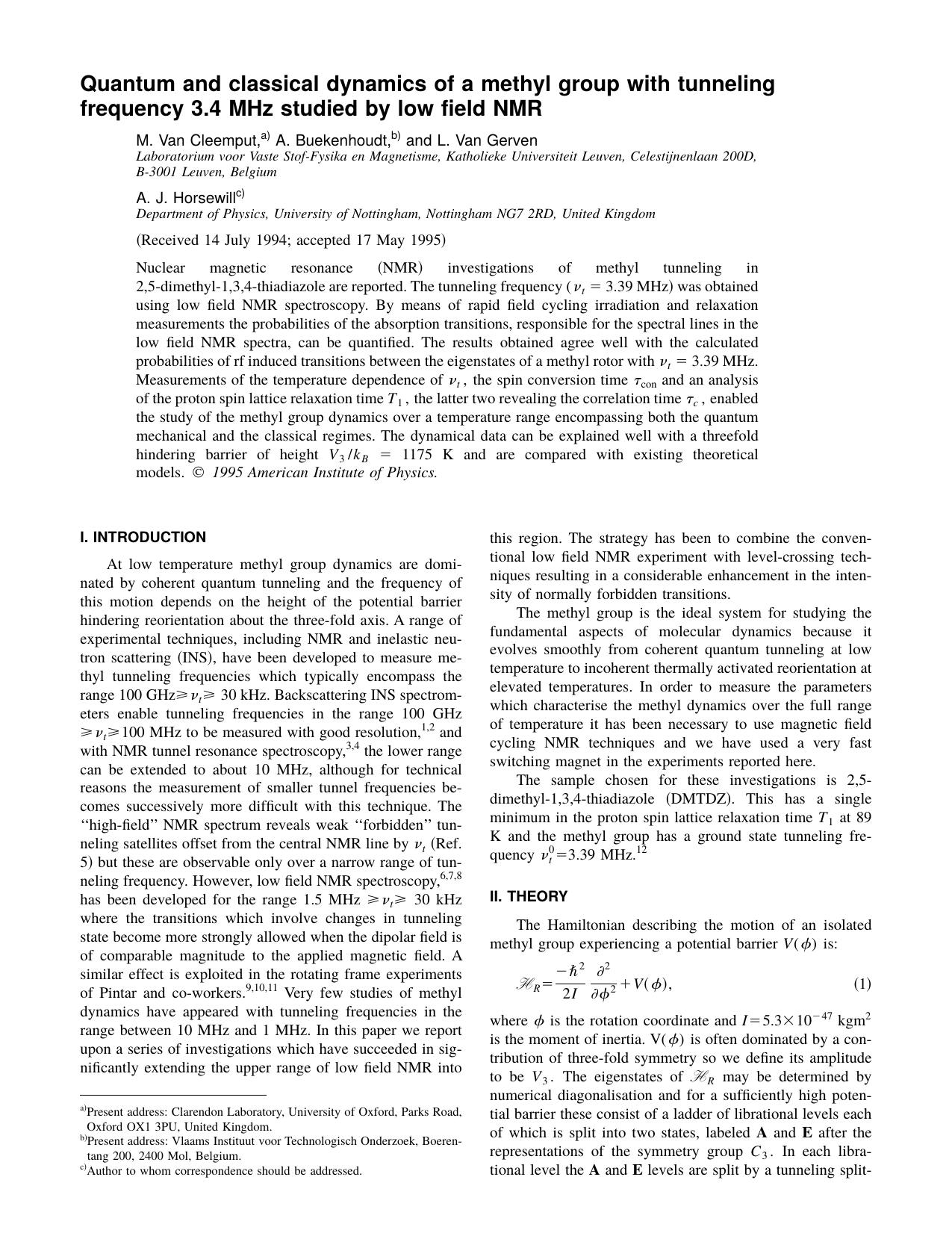 Quantum and classical dynamics of a methyl group with tunneling frequency 3.4 MHz studied by low field NMR by M. Van Cleemput & A. Buekenhoudt & and L. Van Gerven & A. J. Horsewill