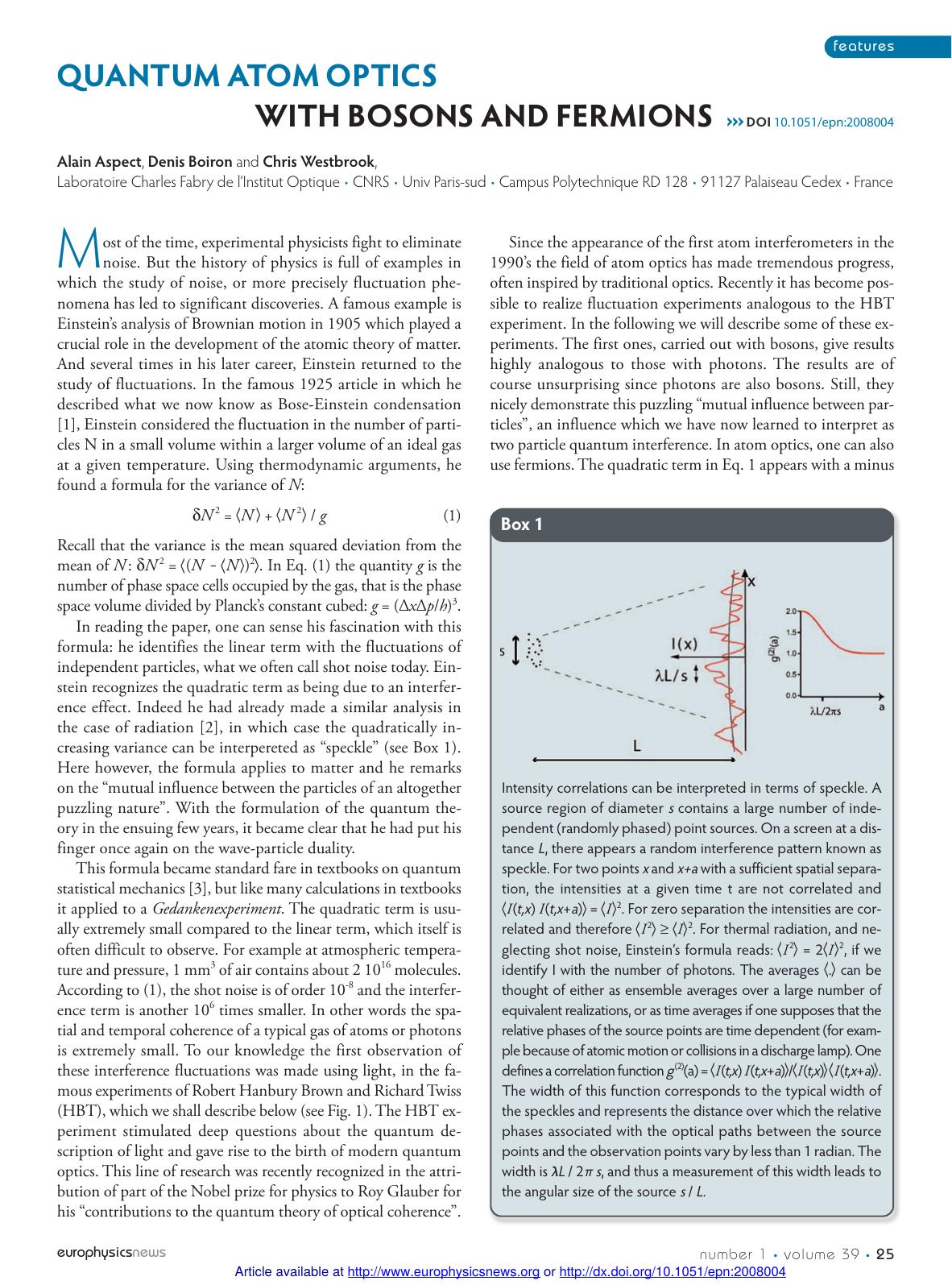 Quantum atom optics with bosons and fermions by Aspect Alain Boiron Denis Westbrook Chris