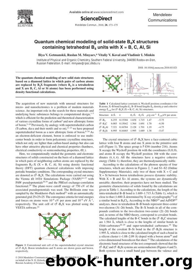 Quantum chemical modeling of solid-state B4X structures containing tetrahedral B4 units with X = B, C, Al, Si by Iliya V. Getmanskii & Ruslan M. Minyaev & Vitaliy V. Koval & Vladimir I. Minkin