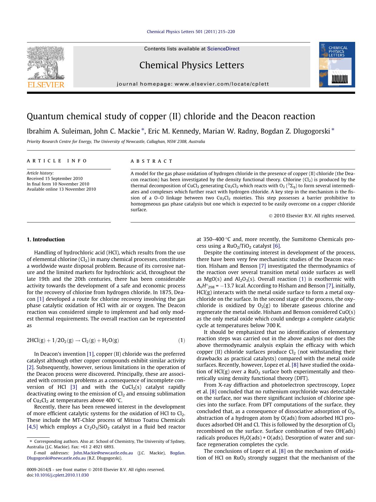 Quantum chemical study of copper (II) chloride and the Deacon reaction by Ibrahim A. Suleiman & John C. Mackie & Eric M. Kennedy & Marian W. Radny & Bogdan Z. Dlugogorski