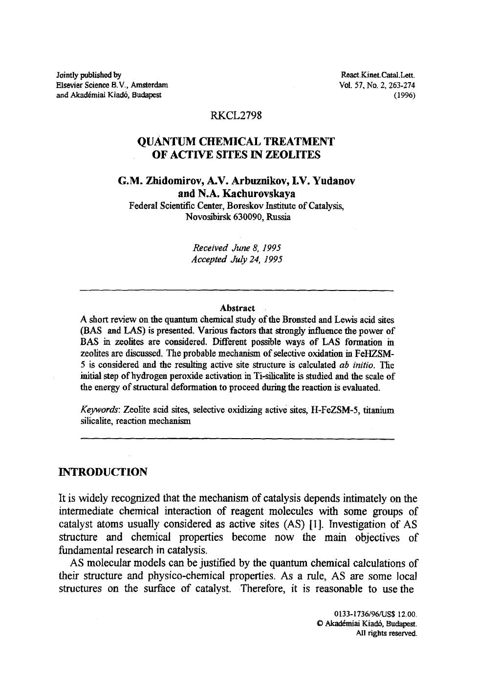 Quantum chemical treatment of active sites in zeolites by Unknown