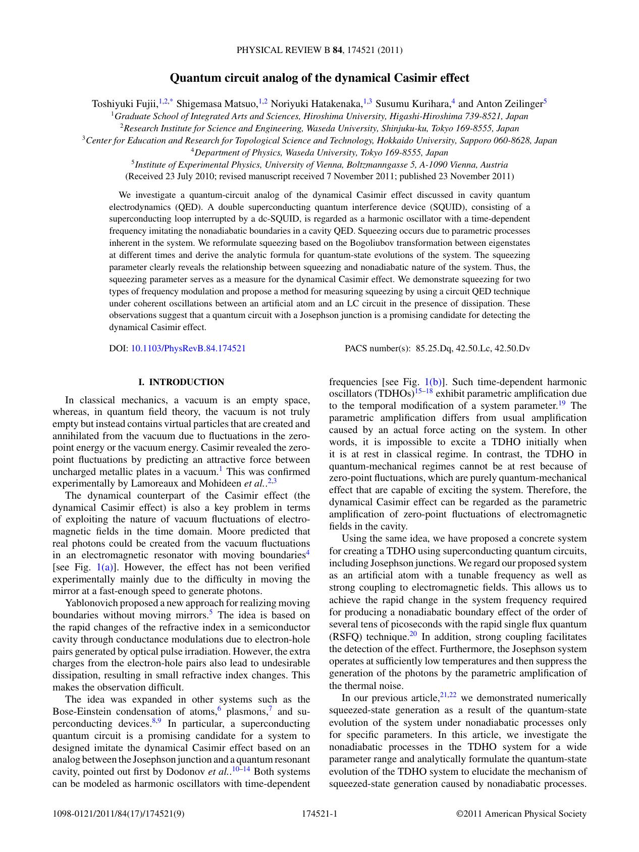 Quantum circuit analog of the dynamical Casimir effect (2011) by Unknown