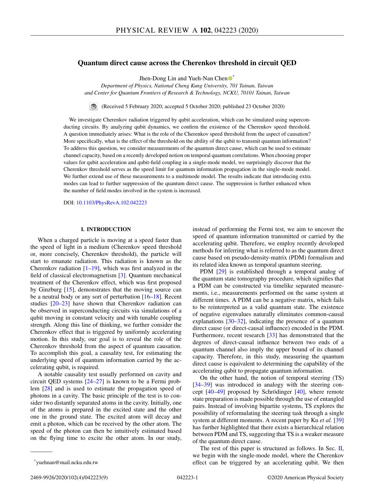 Quantum direct cause across the Cherenkov threshold in circuit QED by Jhen-Dong Lin & Yueh-Nan Chen