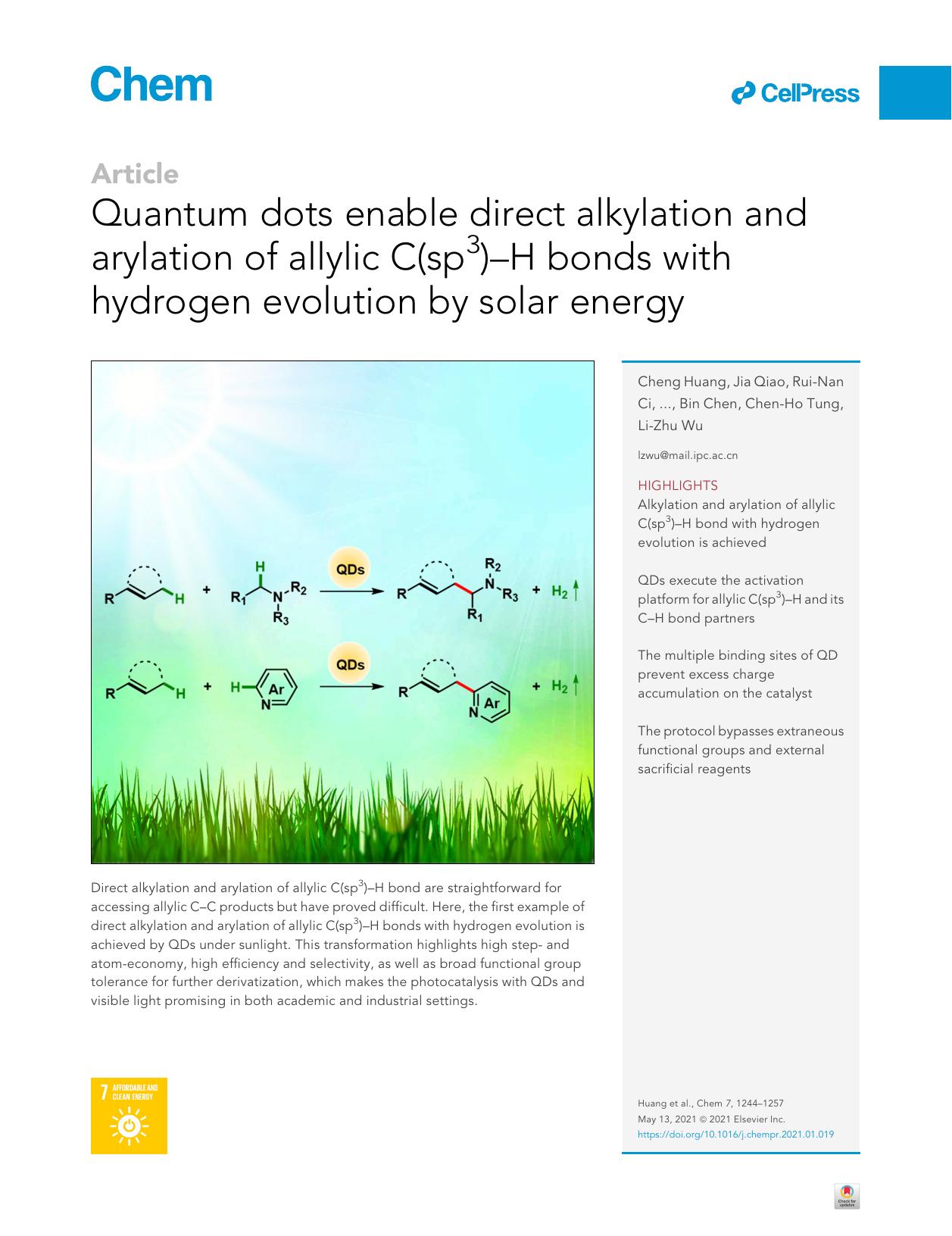 Quantum dots enable direct alkylation and arylation of allylic C(sp3)-H bonds with hydrogen evolution by solar energy by unknow