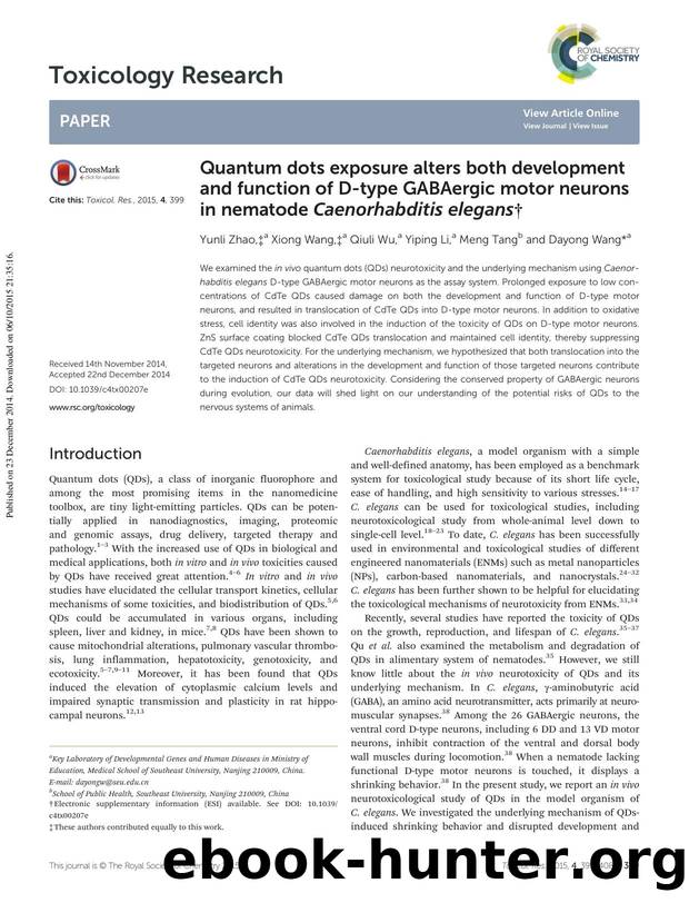 Quantum dots exposure alters both development and function of D-type GABAergic motor neurons in nematode Caenorhabditis elegans by Yunli Zhao Xiong Wang Qiuli Wu Yiping Li Meng Tang Dayong Wang