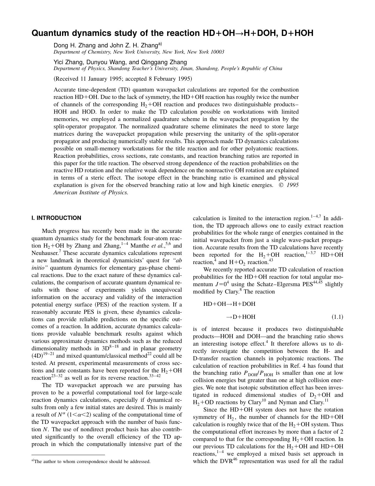 Quantum dynamics study of the reaction HD+OH H+DOH, by Dong H. Zhang and John Z. H. Zhang Yici Zhang