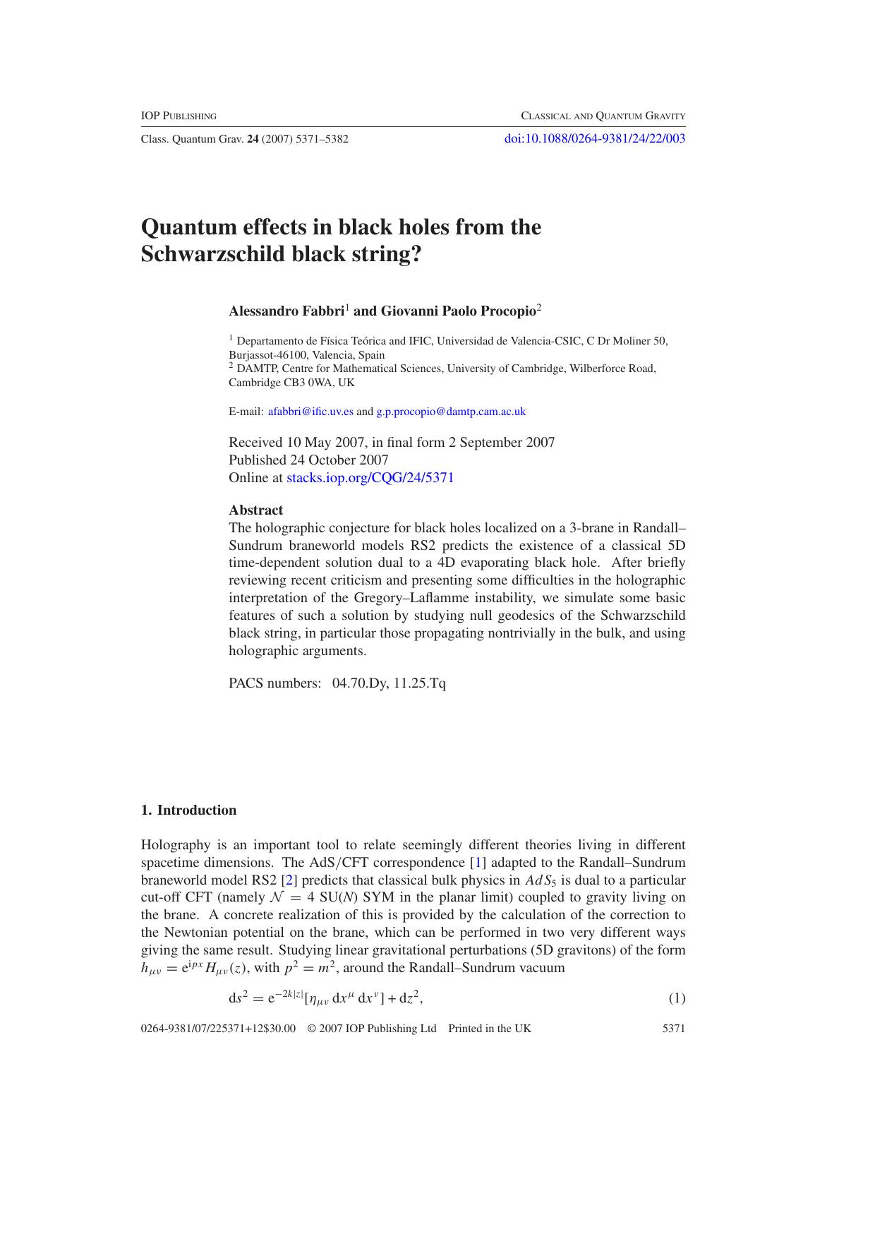 Quantum effects in black holes from the Schwarzschild black string? by A Fabbri and G P Procopio