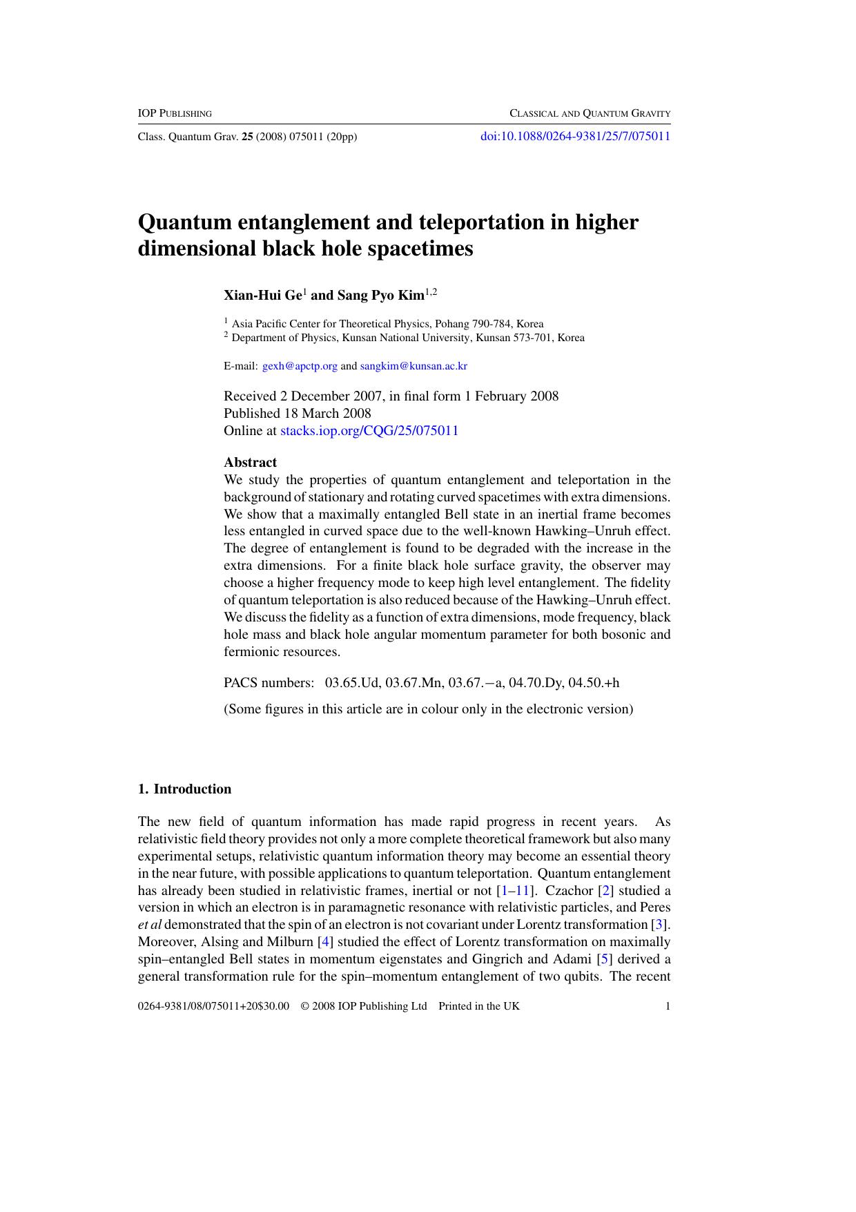 Quantum entanglement and teleportation in higher dimensional black hole spacetimes by X-H Ge and S P Kim