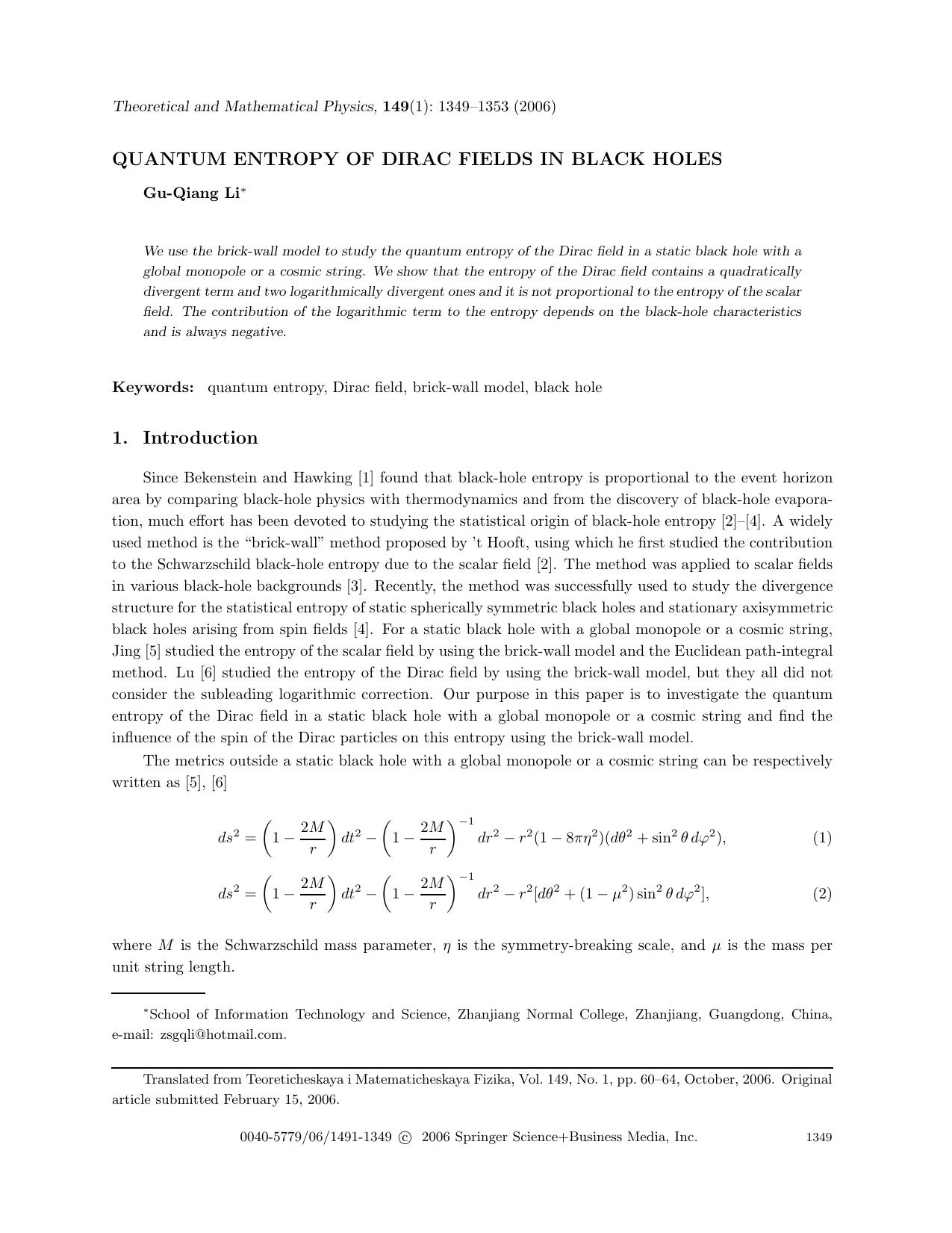 Quantum entropy of Dirac fields in black holes by Unknown